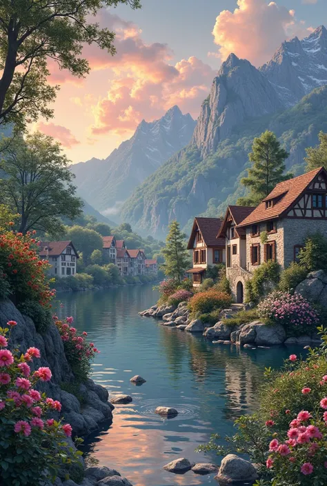 a small village by the river, mountains in the background, fleurs florales colorées,  detailed landscape , Beaux paysages naturels, atmospheric lighting, coucher de soleil brûlant, couleurs chaudes, pratique, photorealistic, Detailed foliage ,  complex bui...