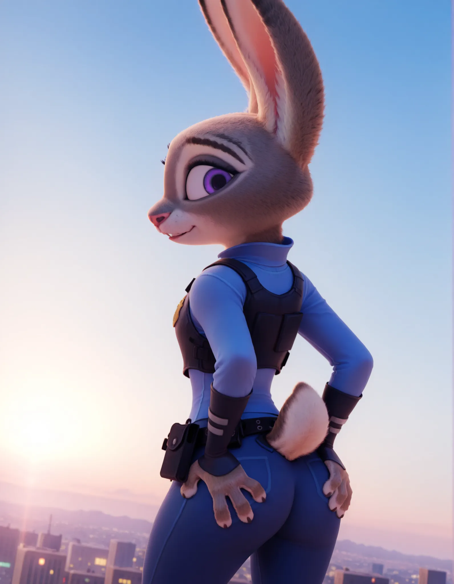 Hakya11, Judy hopps from zootopia,zootopia Artsyle,Hand on butt,Police uniform,Grey fur,Rabbit tail,Rabbit ears, Solo