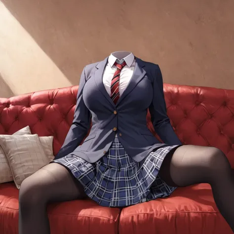 (invisible:1.5, no humans:1.5, headless:1.5, faceless:1.5), ( school casual blazer, plaid skirt, black stocking, on sofa, spread legs:1.2), (big breast), (best quality, masterpiece:1.2), ((detailed cloth texture, detailed anime, super fine illustration)), ...