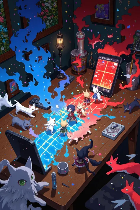 A battle scene setup on a wooden desk, two smartphones placed on the left and right, each projecting glowing portals from their screens. From each phone, small chibi-style cat characters in RPG-style outfits are emerging and marching toward each other, rea...