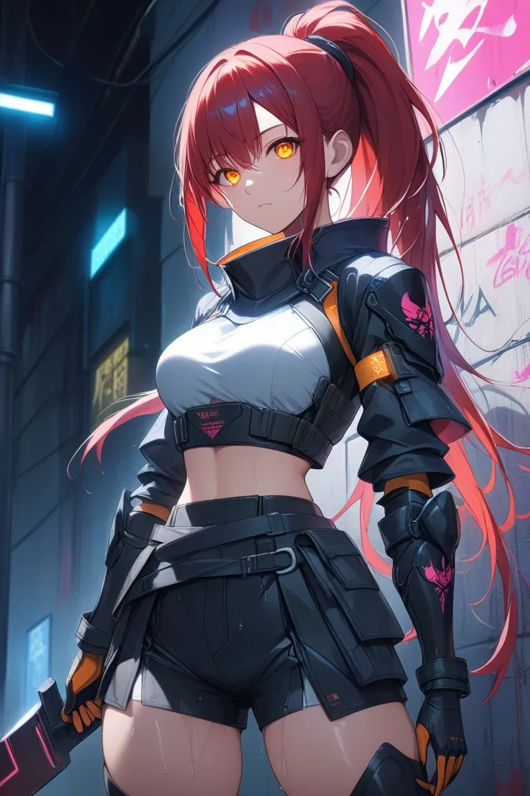 ((masterpiece)), ((RAW 4K)), ((anime-real fusion)), ((ultra detail)), ((cyberpunk samurai woman)), ((veteran warrior)), ((glowing amber eyes)), ((high-tech armored gloves)), ((neon-accented armor)), ((urban alley lighting)), ((cinematic tone))

A battle-hardened female cyberpunk samurai in her late 20s stands with her back against a graffiti-covered wall in a dimly-lit cyberpunk alley. Her arms are crossed confidently across her chest, and her glowing amber eyes are fixed forward — calm yet intimidating. Her long deep red hair is tied into a sleek high ponytail that drapes over her shoulder.

She wears a fusion of futuristic tactical armor and traditional samurai style: a short neo-hakama skirt layered over black tech-fabric inner shorts, with glowing neon seamlines. Her upper armor bears scorch marks from past battles, a sleek blend of carbon-weave plating and minimalist samurai motifs. Her hands are gloved in cybernetic tactical gloves, ready for action.

There is no sword, no mask — only her commanding presence. She exudes quiet strength as flickering alley lights cast moving shadows across her form. Light mist swirls around her boots as neon signs reflect dimly on the wet concrete.

**camera: medium shot, Eye-level. Focus on her pose, facial expression, and detailed textures. Background has subtle holographic advertisements, scattered debris, and a flickering wall screen behind her.**
