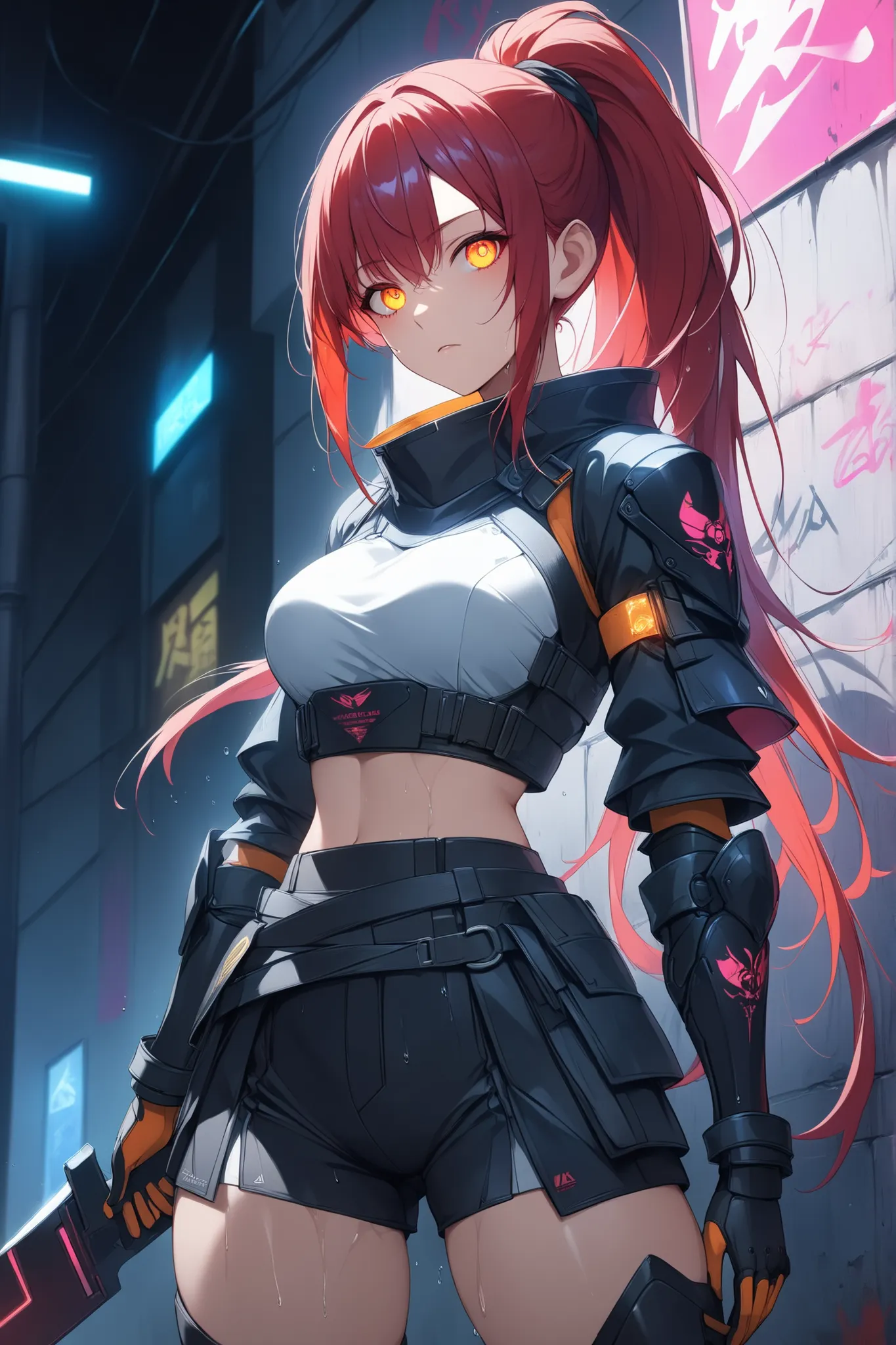 ((masterpiece)), ((RAW 4K)), ((anime-real fusion)), ((ultra detail)), ((cyberpunk samurai woman)), ((veteran warrior)), ((glowing amber eyes)), ((high-tech armored gloves)), ((neon-accented armor)), ((urban alley lighting)), ((cinematic tone))

A battle-hardened female cyberpunk samurai in her late 20s stands with her back against a graffiti-covered wall in a dimly-lit cyberpunk alley. Her arms are crossed confidently across her chest, and her glowing amber eyes are fixed forward — calm yet intimidating. Her long deep red hair is tied into a sleek high ponytail that drapes over her shoulder.

She wears a fusion of futuristic tactical armor and traditional samurai style: a short neo-hakama skirt layered over black tech-fabric inner shorts, with glowing neon seamlines. Her upper armor bears scorch marks from past battles, a sleek blend of carbon-weave plating and minimalist samurai motifs. Her hands are gloved in cybernetic tactical gloves, ready for action.

There is no sword, no mask — only her commanding presence. She exudes quiet strength as flickering alley lights cast moving shadows across her form. Light mist swirls around her boots as neon signs reflect dimly on the wet concrete.

**camera: medium shot, Eye-level. Focus on her pose, facial expression, and detailed textures. Background has subtle holographic advertisements, scattered debris, and a flickering wall screen behind her.**
