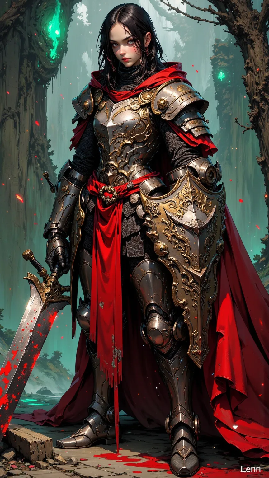 Highest detail，Surrealist。Very detailed and realistic。A complex and highly professional work of art，Absolute Masterpiece 。
Imagine light flashing under，A tall and beautiful female knight、, tired of wounds, stands near us， tempestuous ，His tall body was wrapped in red and gorgeous armor，His armor is filled with cursed runes，covered with hundreds of years of dirt and clotted blood。Every dent and scar on his armor speaks of an indescribable slaughter。He wields a huge long sword，jagged，A black clip and a thread of cyan flame，dripping fresh blood，with his left arm clutching a shattered shield，engraved with the imprint of a long-faded family Remember，Twisted and unrecognisable。