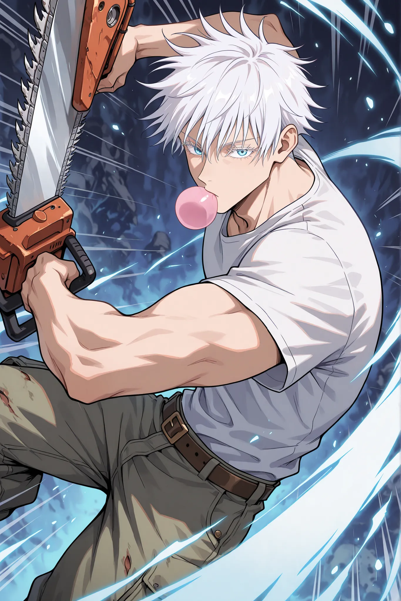 1man, adult, gojou satoru, jujutsu kaisen, white hair, short hair, ((hair between eyes)), colored eyelashes, white eyelashes, blue eyes, intricate eye iris, detailed eyes, muscular male, sexy man, handsome man, handsome face, chewing gum, bubble gum, ove...