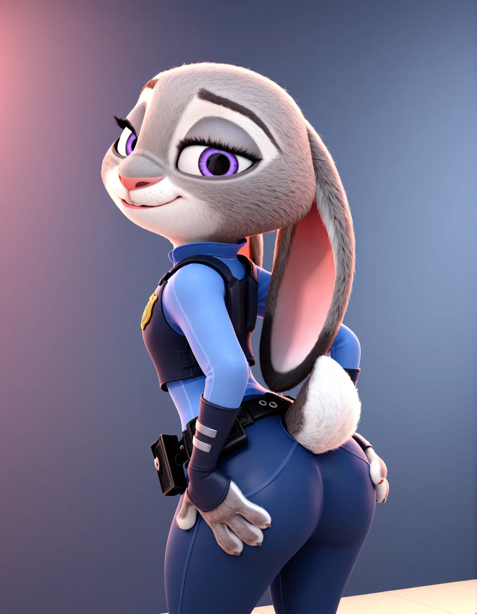 Judy hopps from zootopia,zootopia Artsyle,Hand on butt,Police uniform,Grey fur,Rabbit tail,Rabbit ears, 3d,Solo
