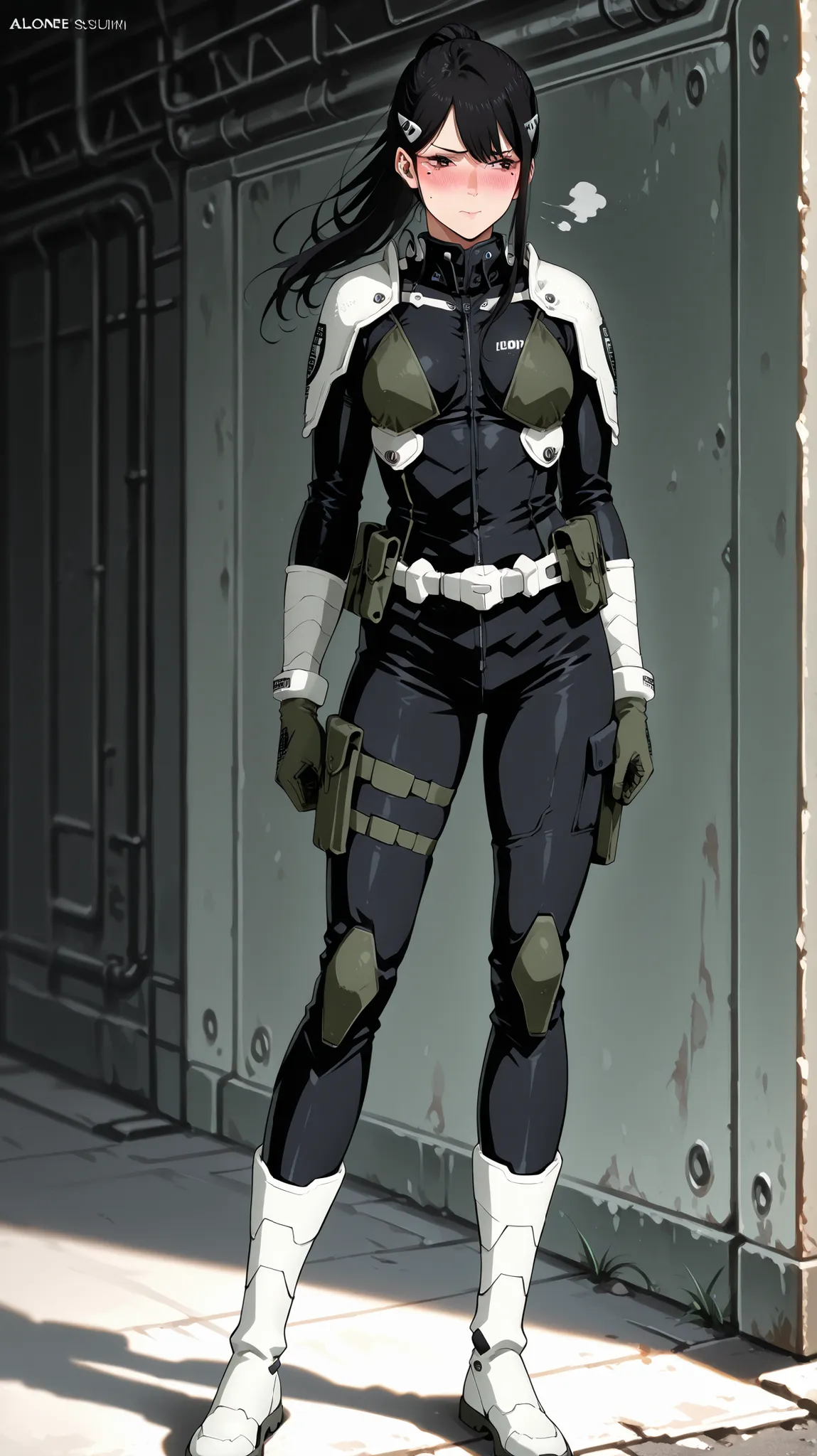 Mina_Ashiro, sexy, blushing, wearing combat suit, slim, full body, alone, ponytail, black hair, mole under eye, proud, mature, long legs, anime style