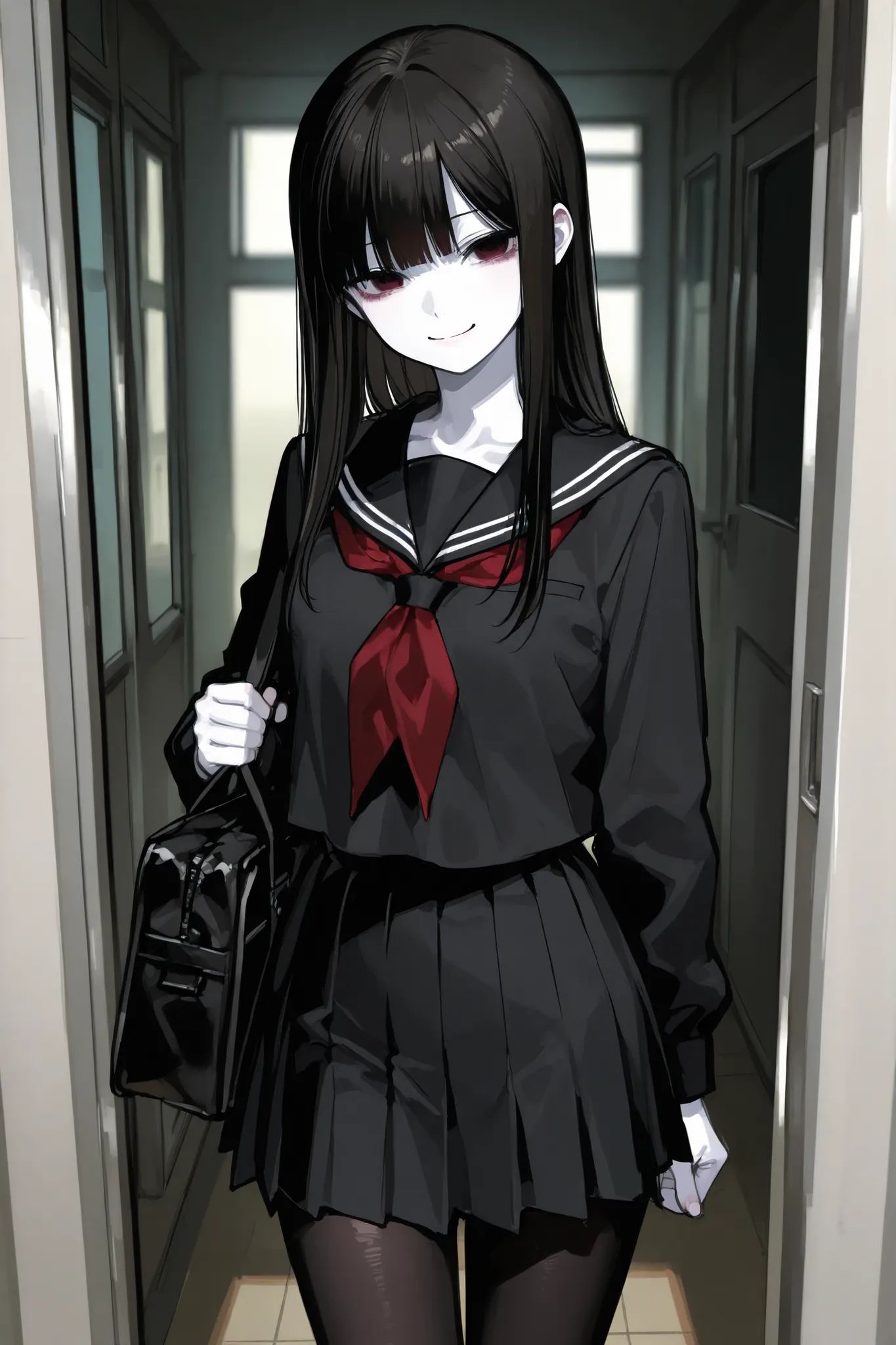 illustration generation 、high school girl、with bangs、black hair、Straight hair up to the waist 、dark reddish eyes、white skin、is standing with a bag in front of the school gate。a girl in a black uniform and black tights。is smiling
