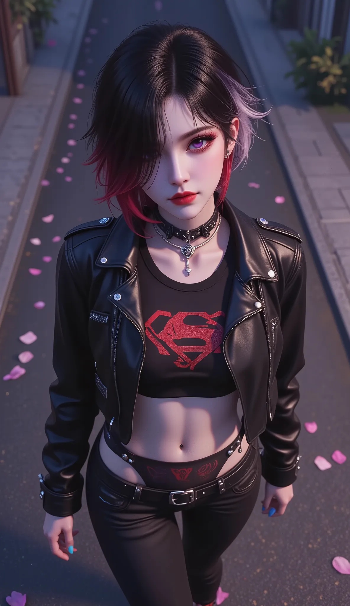 (masterpiece, detailed:1.2), Voluptuous woman, beautiful detailed eyes, mature woman, fierce woman, tomboy women, hair over one eye, one eye cover, hair between eyes, very short hair, Pixie hair, purple eye, glossy lips, expressionless, gothic, black hair,...