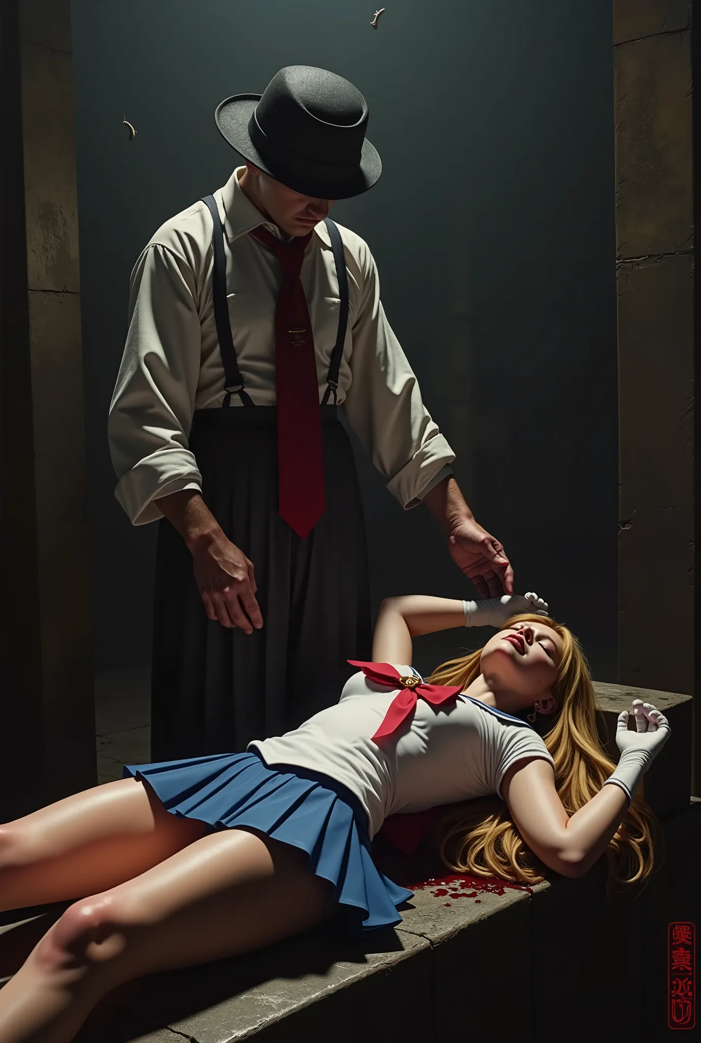 Hyperrealism, masterpiece, highest quality, A young Japanese woman is lying on the altar of sacrifice, she is put to sleep, eyes close, painful face, her arms are tied overhead, she is wearing a Sailor Moon costume, Blue sailor collar, Blue short mini plea...