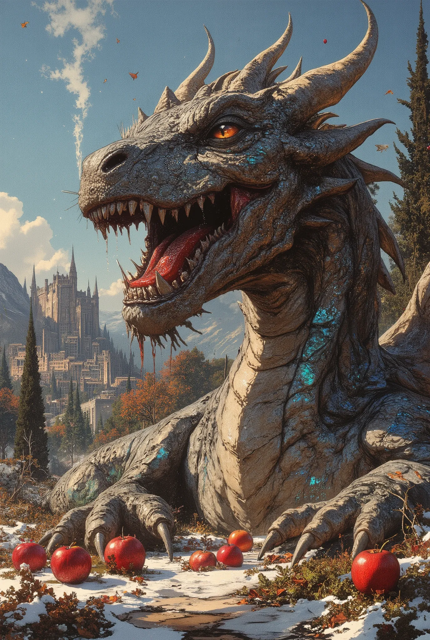 mythp0rt, ArsMJStyle, FFAIM, impressionism, style is detailed and epic,A low angle looking vertically up at the full—length figure of the huge final antagonist - a huge, terrifyingly beautiful fantastic dragon covered with iridescent mirrored holographic s...