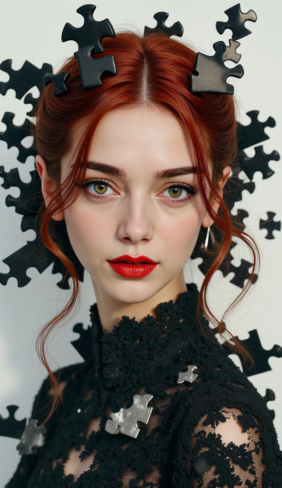 high definition double exposure on macro of many explosive black and white puzzles, many pieces in one art, detailed, top angle shot, professional postcard, photography oil painting sculptural girl red lips.red hair, complex play of light and shadow, dynam...