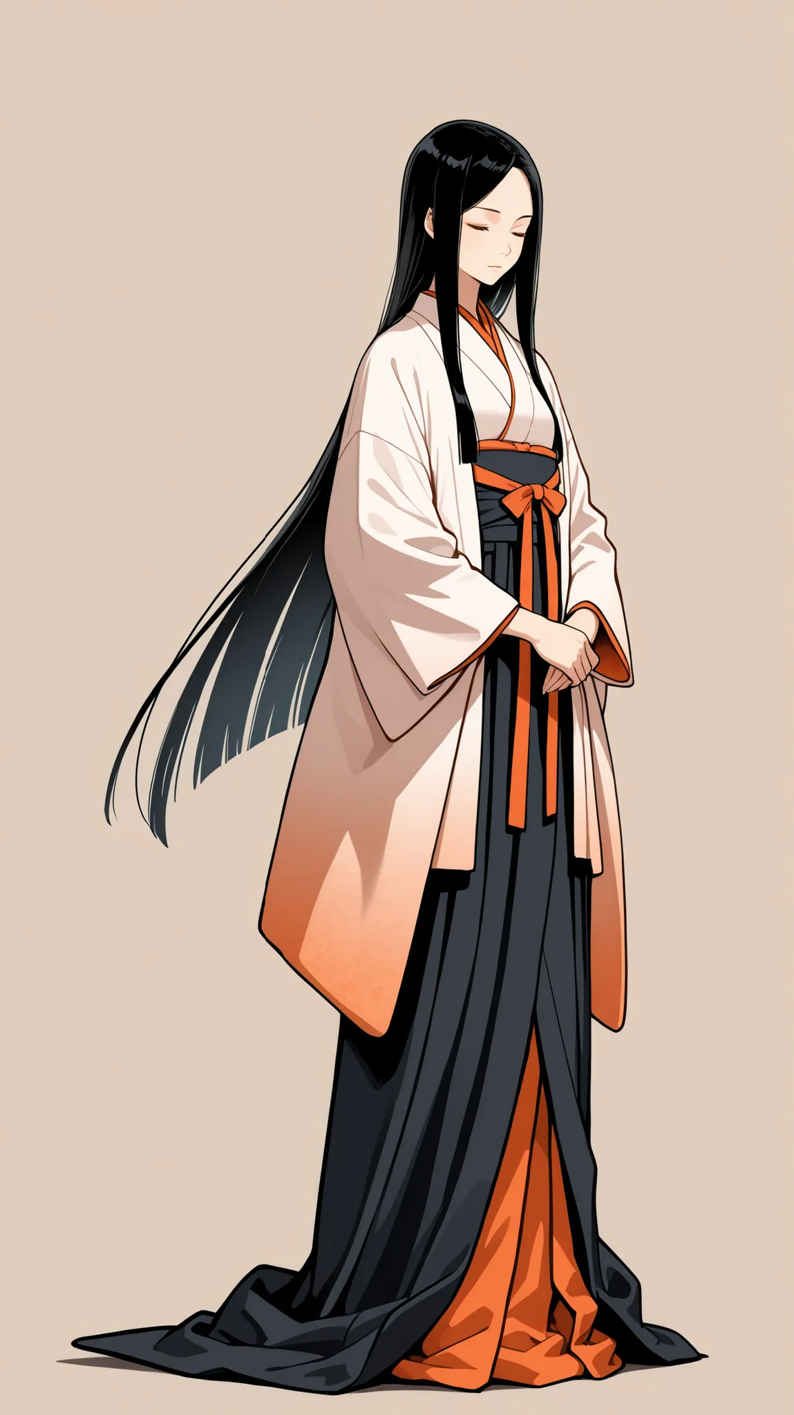 woman, japanese clothes, full body shot, black hair, eyes closed, slender, japanese, no background, standing, very long hair, straight hair, kimono, fantasy, Light_RedOrange