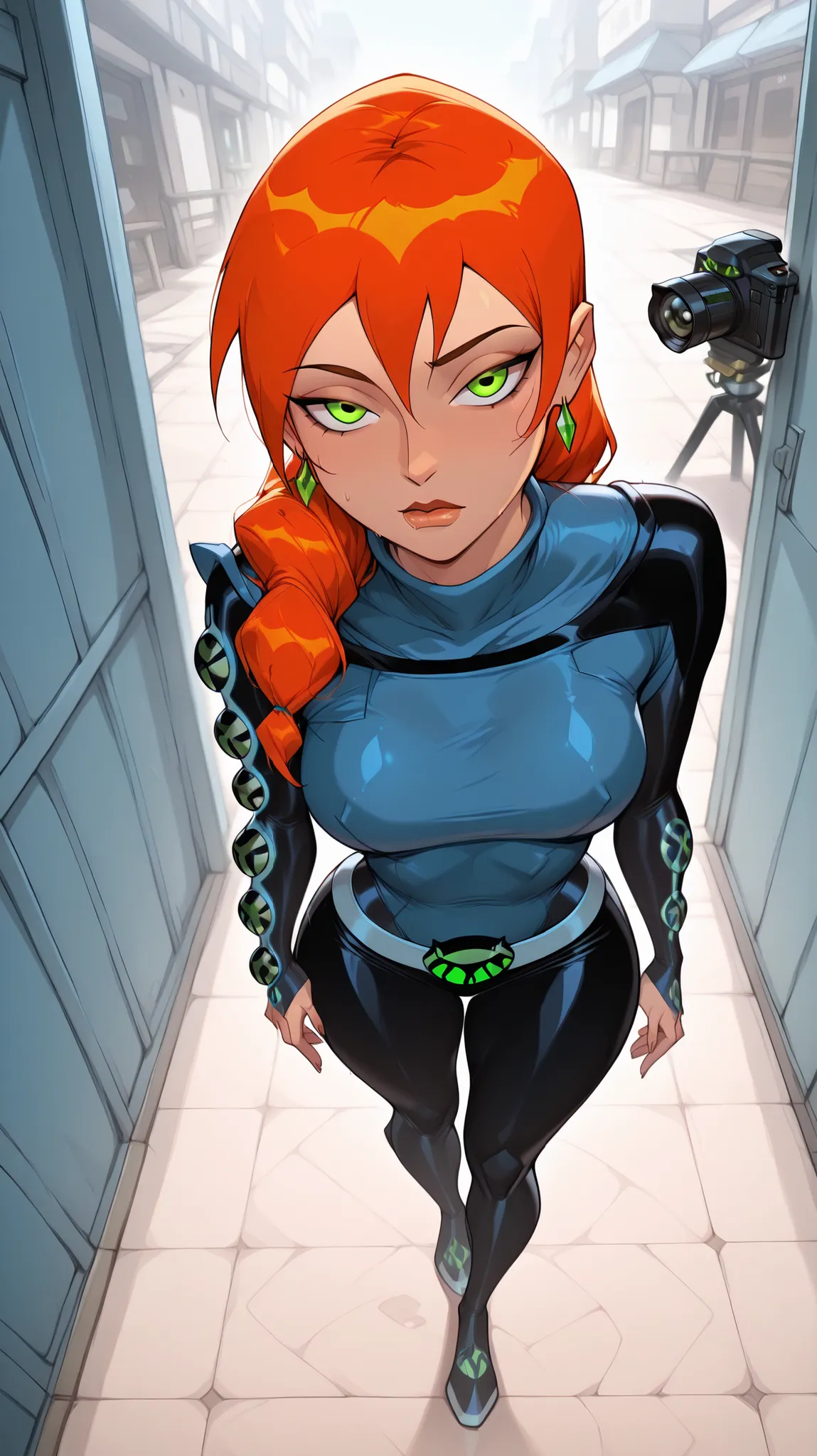 Ben 10, Future Gwen, Hot, curvy, slim, long hair, sexy, beautiful, orange hair, full body suit, coquettish, close up, staring at the camera, upturned look, chest close to camera