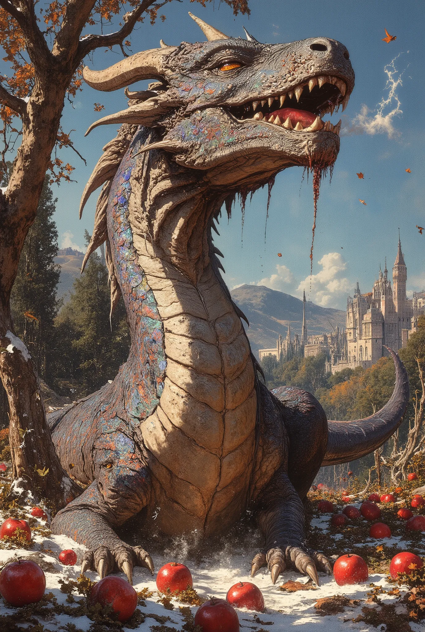 The painting style is detailed and epic. Dynamic frame. The middle of the movement. At a low angle, the figure of a huge, terrifyingly beautiful fantastic dragon is vertically visible, covered with iridescent mirrored holographic scales that sparkle bright...