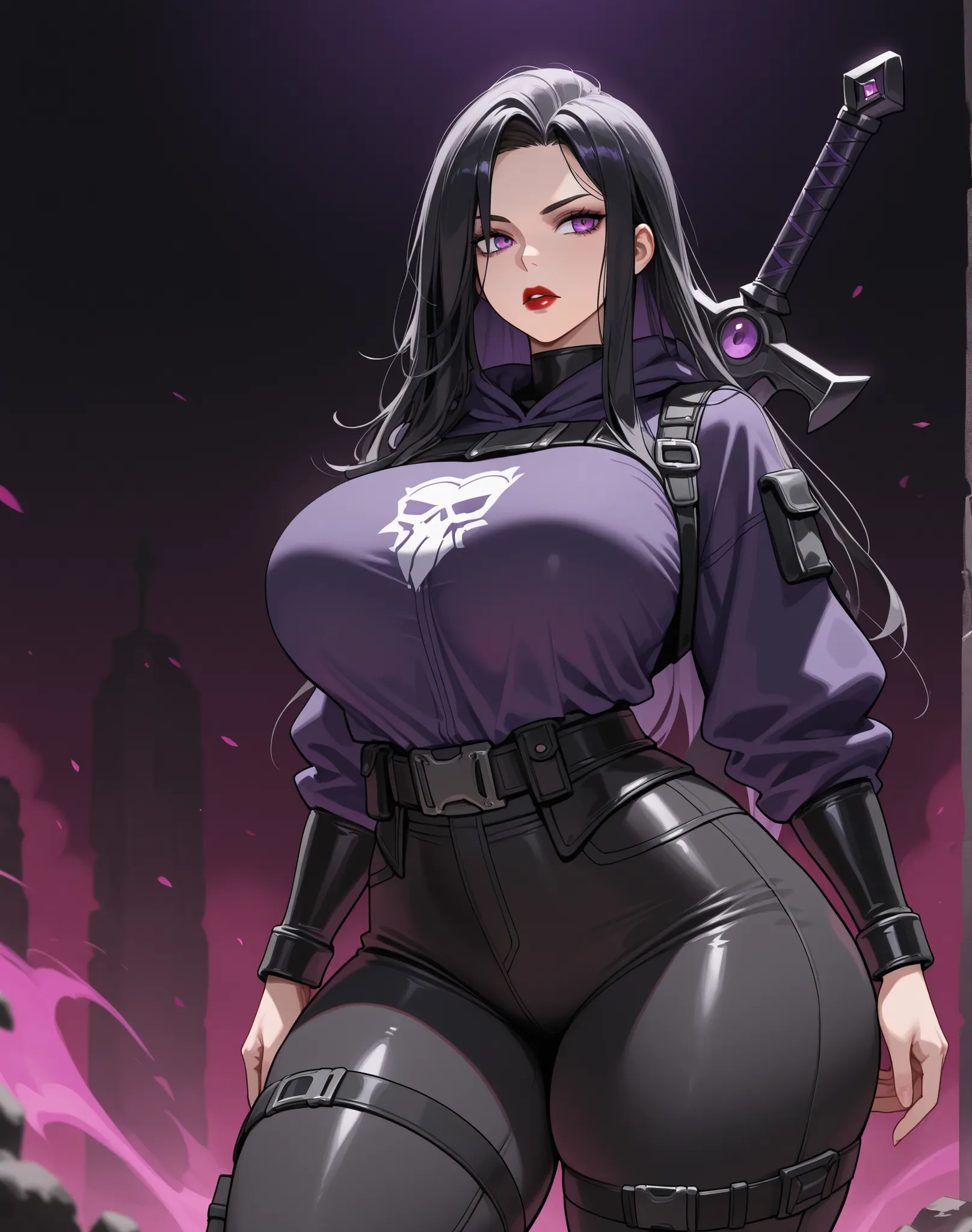1 woman, Purple eyes, Almond-Shaped eyes, black tights pants, raven hair, long hair, black hair, sword in the back, Oversized Upper Gi, red lips, Tall, thick thighs, big breasts,