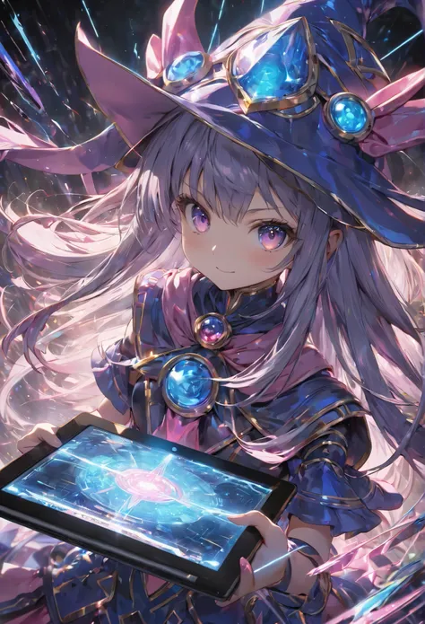 masterpiece, Highest quality,Dark Magician Girl,black magician girl,super detailed skin,dynamic lighting,caustics,gleaming skin, Tablet, Tabletから飛び出す,Cyberspace, {{{{{{Tabletから杖を出す}}}}}}