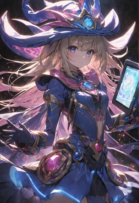 masterpiece, Highest quality,Dark Magician Girl,black magician girl,super detailed skin,dynamic lighting,caustics,gleaming skin, Tablet, Tabletから飛び出す,Cyberspace, Tabletから出る女の子