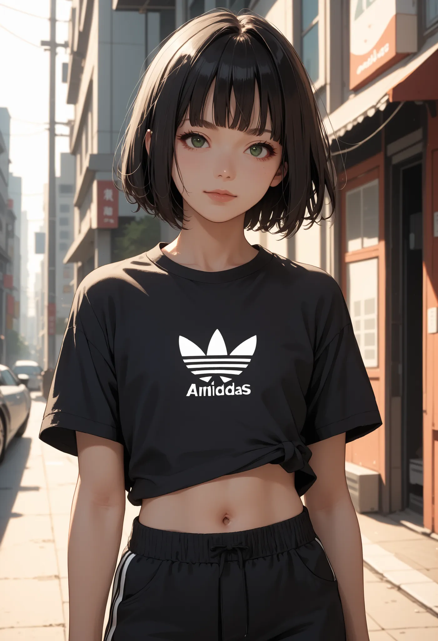 "Score_9, score_8_up, score_7_up, score_6_up, source_anime, rating:general, 1girl, upper body, standing in an urban city in the hazy sunshine , cool and edgy atmosphere, black hair, short hair, feathered layered bob hair, blunt bangs, dark green eyes, Sanp...