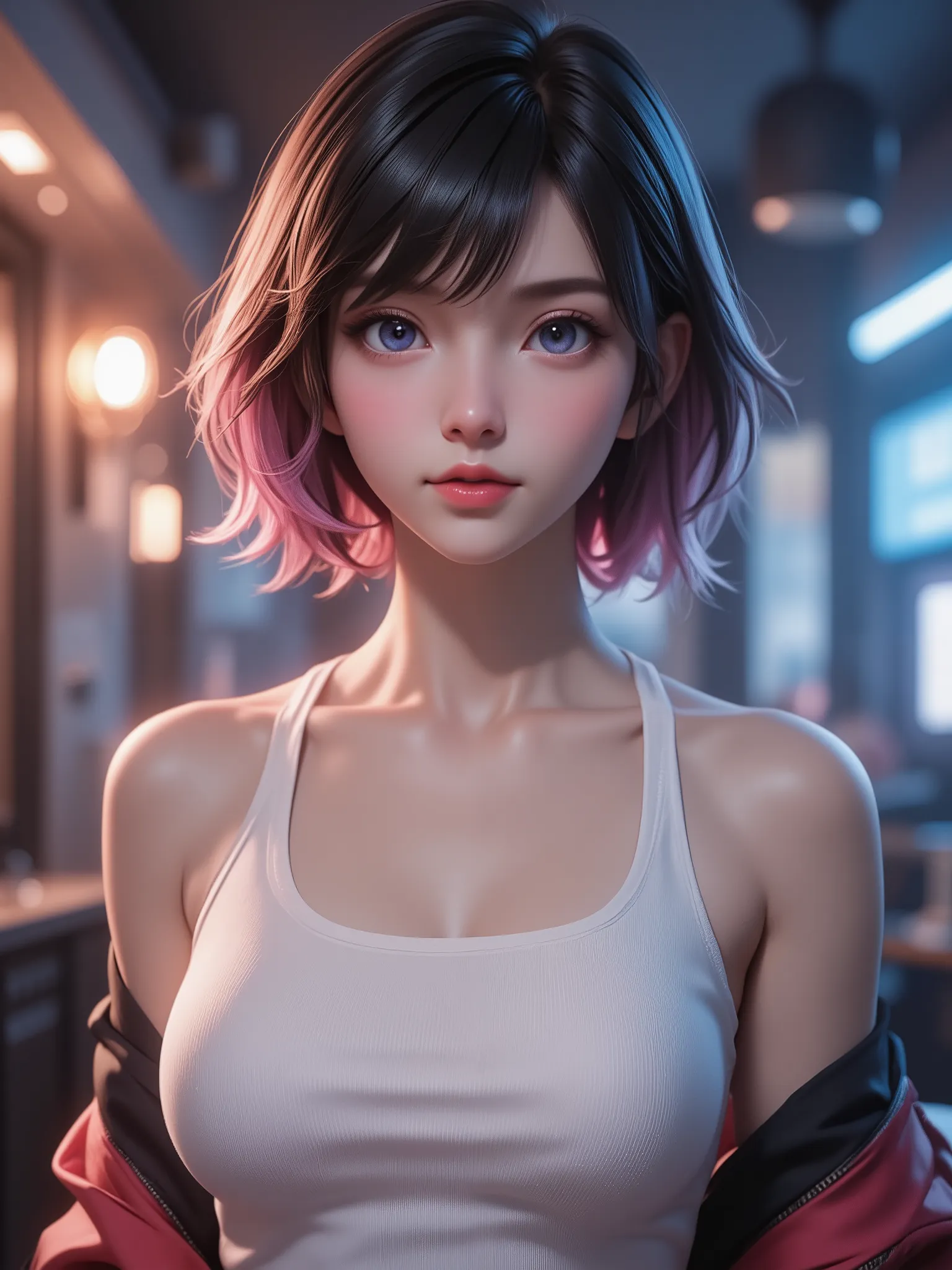 best quality, masterpiece, High resolution, portrait, actual, blue eyes, black pink short hair two tone color, sexy white tank top, jacket, cleavage, 8K resolution, high quality CG, Beautiful CG, Soft Light, fashion brand image, Fashionable and casual, The...