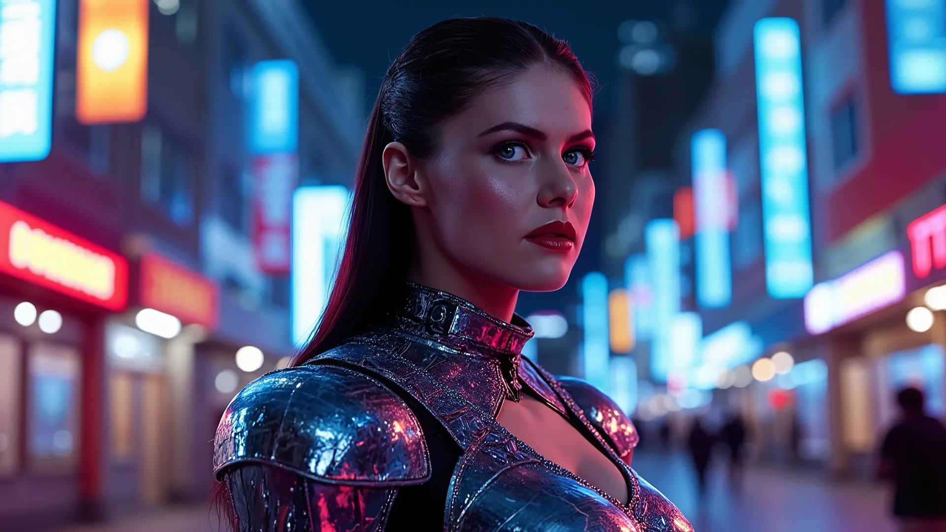 Generate a highly detailed and dynamic portrait of a powerful female warrior in a futuristic, cyberpunk-inspired setting. She has long, flowing hair and wears advanced, form-fitting exoskeletal armor that glows with vibrant neon lights in shades of blue, r...