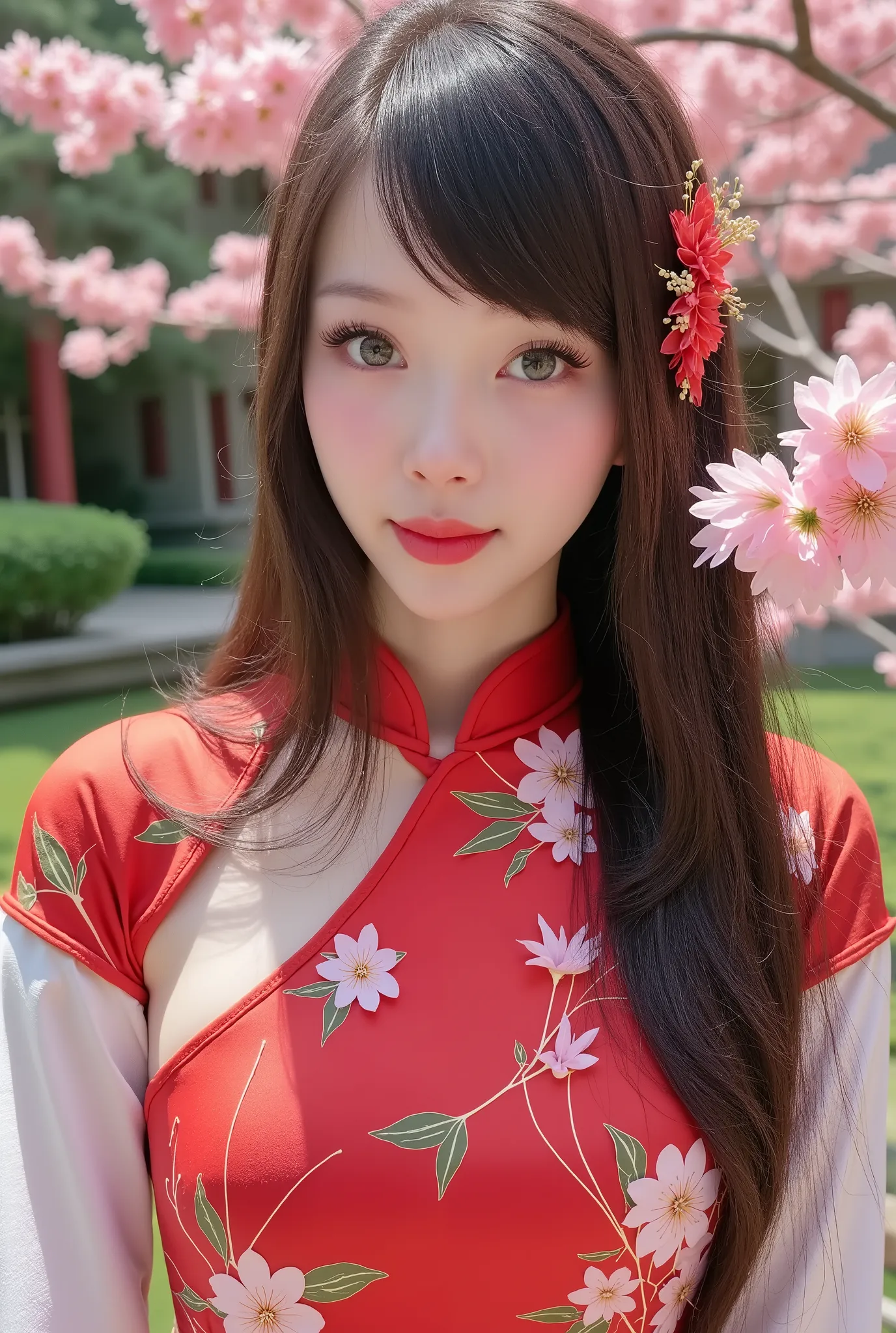 a beautiful young woman, 1 Girl, detailed face, Beautiful Eyes, Long Lashes,  delicate lips , Elegant expression , Long brown hair, Wearing red cheongsam, beautiful skin,  in a traditional Chinese garden environment full of cherry blossom trees, Natural Li...