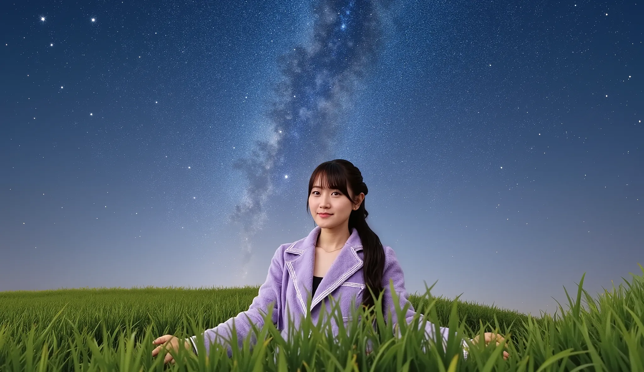 A cute Japanese woman sitting on a grassy field under a beautiful starry sky, wearing fluffy Night purple off shoulder. She is sitting with her knees bent, looking relaxed and peaceful. The atmosphere is serene, with soft glowing stars in the sky and a gen...