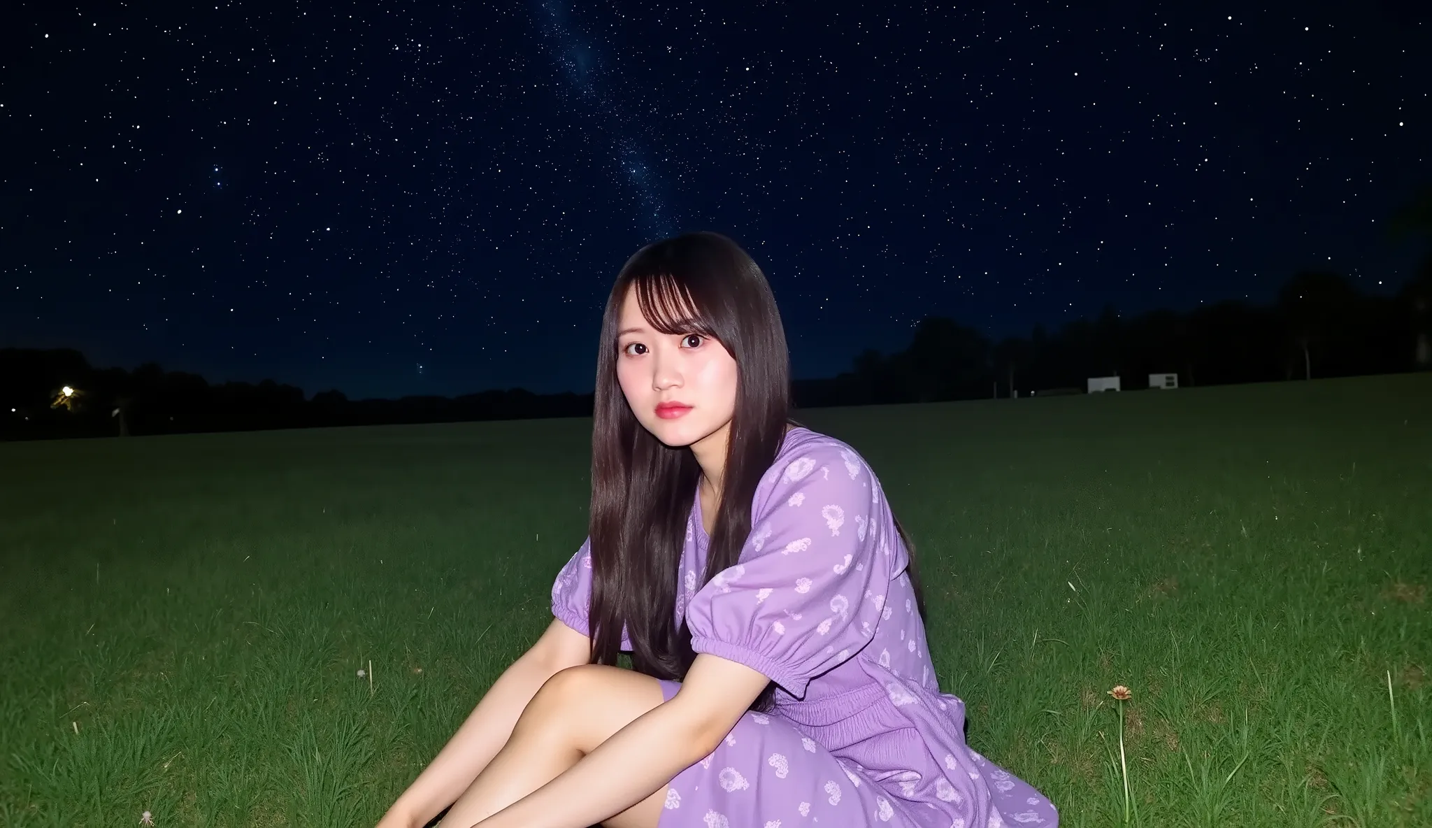 A cute Japanese woman sitting on a grassy field under a beautiful starry sky, wearing fluffy Night purple off shoulder. She is sitting with her knees bent, looking relaxed and peaceful. The atmosphere is serene, with soft glowing stars in the sky and a gen...