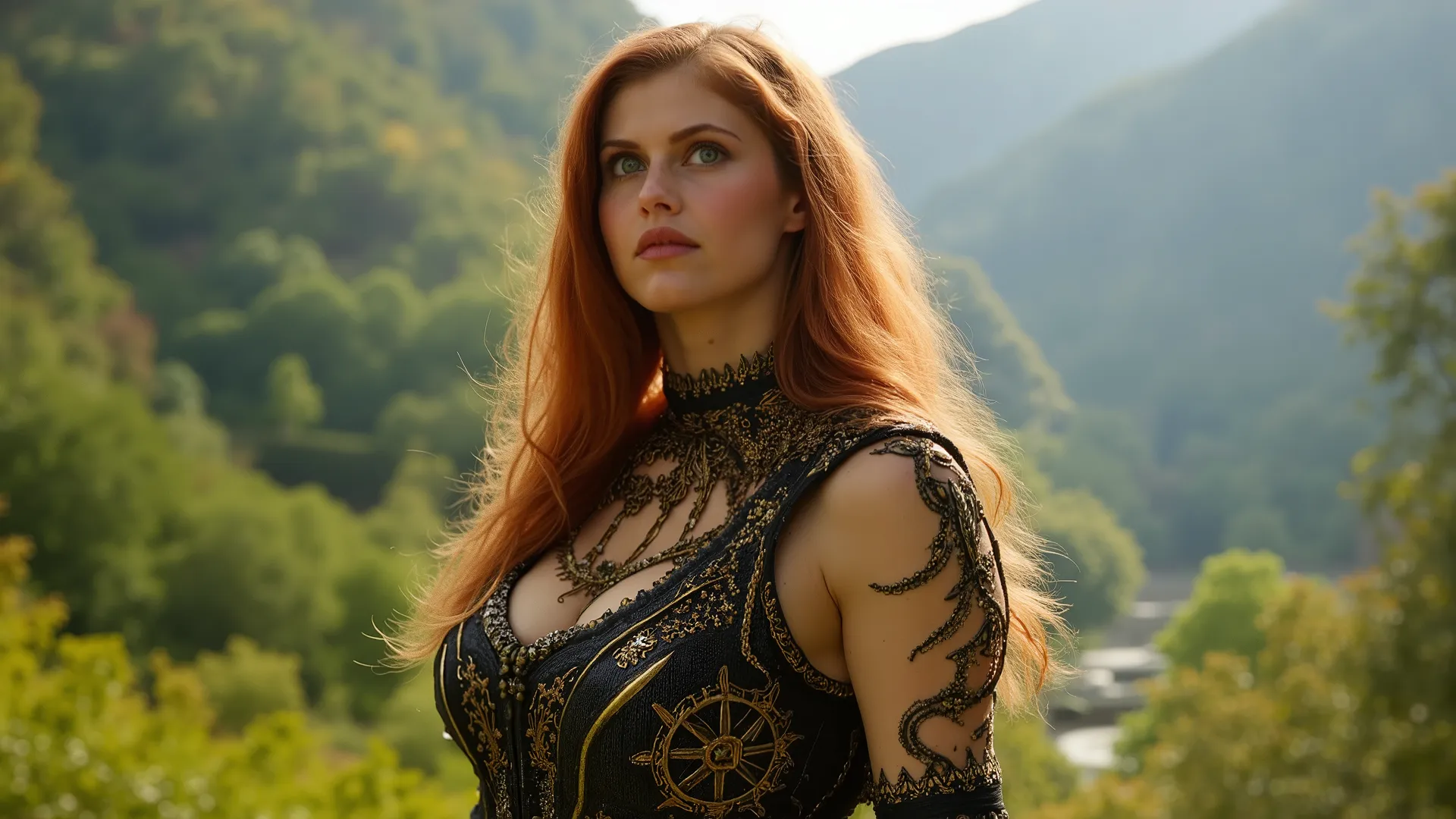 full image beautiful female bard / warlock with elven chain dark golden armor, gorgeous green eyes and strawberry blonde hair
