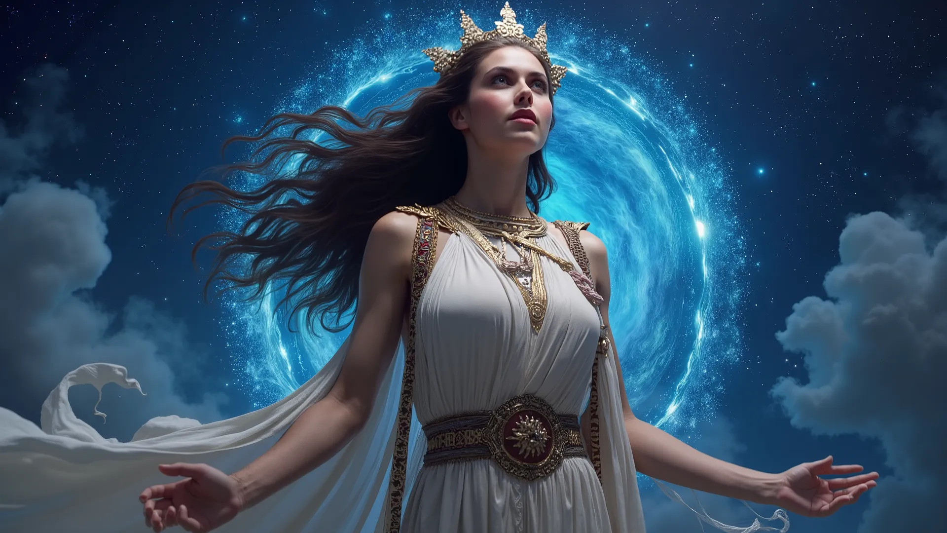 I want a Greek goddess with a sorceress look on a night background.