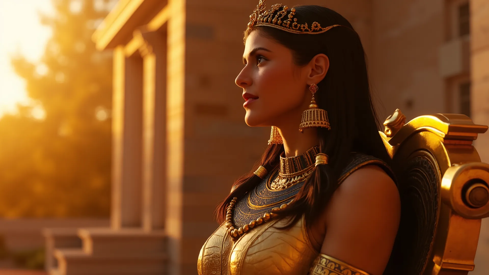 an enchanting, richly detailed representation of the Egyptian goddess "Isis". In this composition, Isis is seated regally on a golden throne, dressed in ornate ancient Egyptian attire and shimmering gold jewelry. The scene is illuminated by the soft radian...