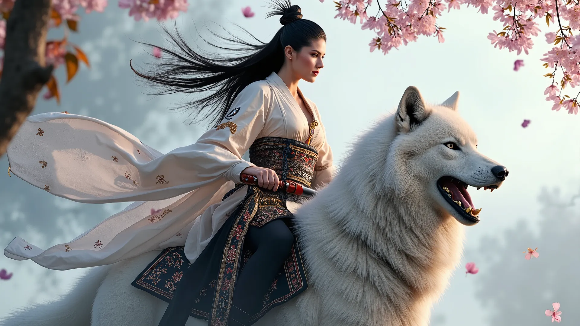 This image showcases a strikingly realistic woman embodying the spirit of a Korean warrior, gracefully riding a majestic wolf. She is adorned in a luxurious, flowing kimono that seamlessly integrates with traditional samurai armor in a stunning palette of ...