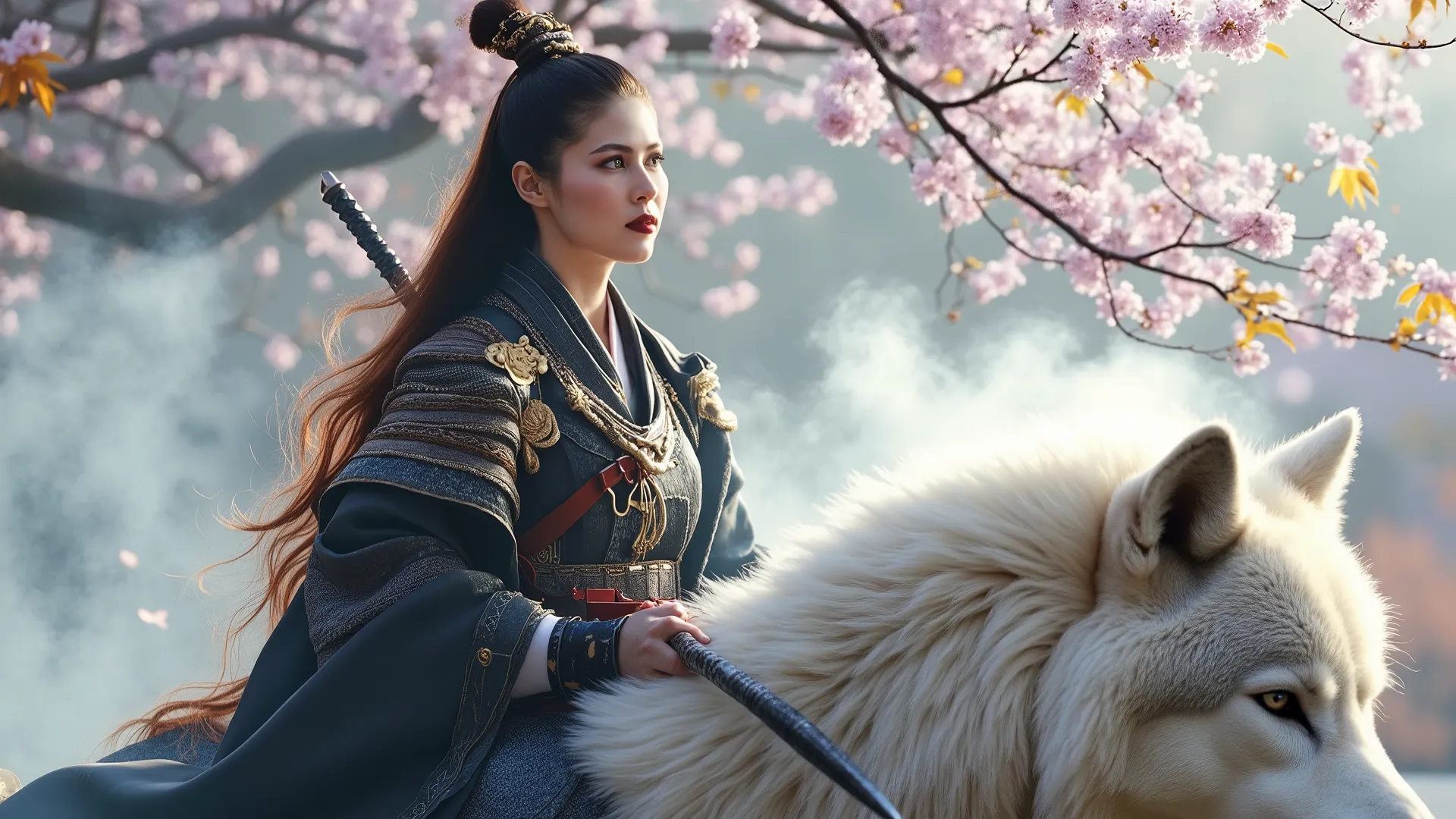 This image showcases a strikingly realistic woman embodying the spirit of a Korean warrior, gracefully riding a majestic wolf. She is adorned in a luxurious, flowing kimono that seamlessly integrates with traditional samurai armor in a stunning palette of ...
