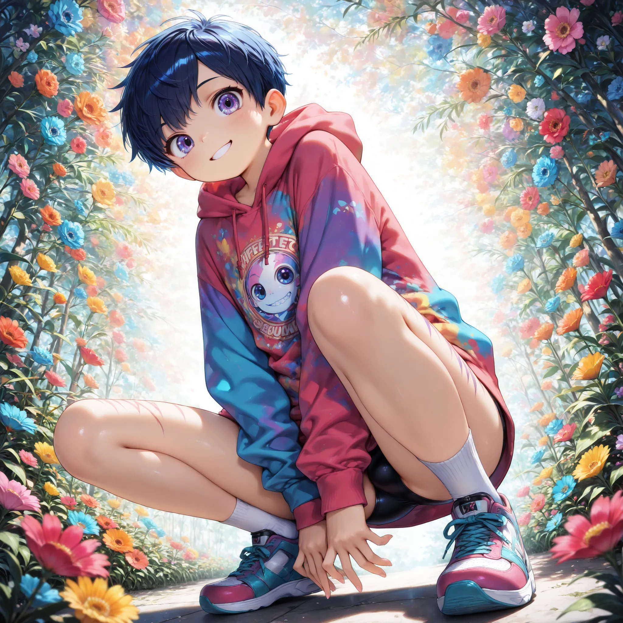 squatting next to overgrown plants, beautiful many colorful flowers and plants background, one , (solo), (cute and handsome), squatting, shiny dark blue hair, ((pixie cut, short hair)), smiling, (Long sleeve and short length hoodie), ((spats)), white sock...