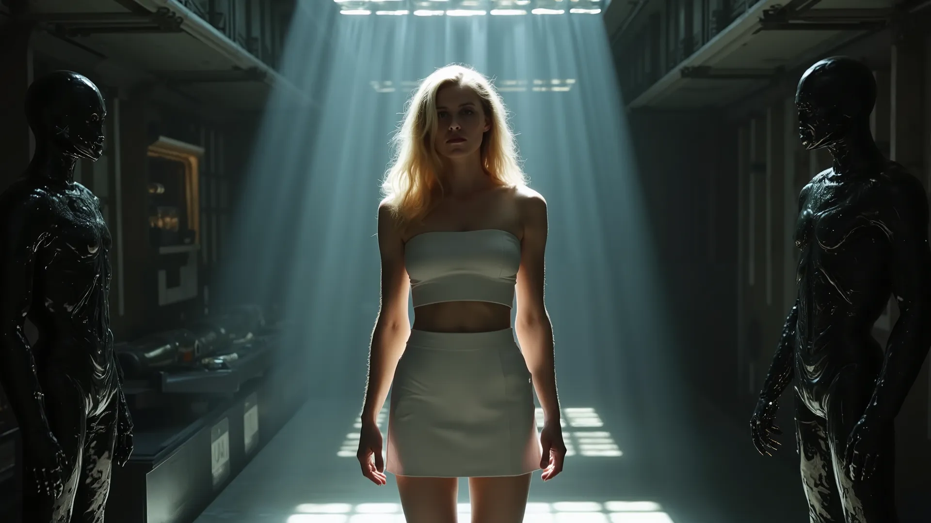 In a chilling horror style, the image unfolds within a futuristic space station, where advanced technology and unusual architectural elements evoke a sense of dread. The environment is a labyrinth of dark, twisting passageways that pulse with an unsettling...
