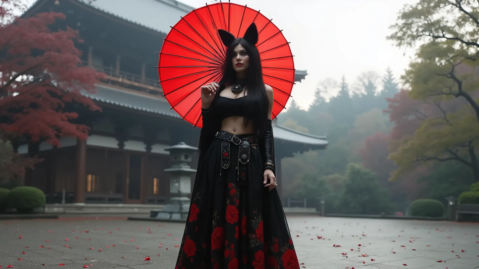 A striking figure stands in a serene, misty Japanese temple courtyard, exuding an aura of mystique and allure. The character is adorned in a form-fitting, glossy black outfit that accentuates her curvaceous figure, with intricate leather straps and buckles...