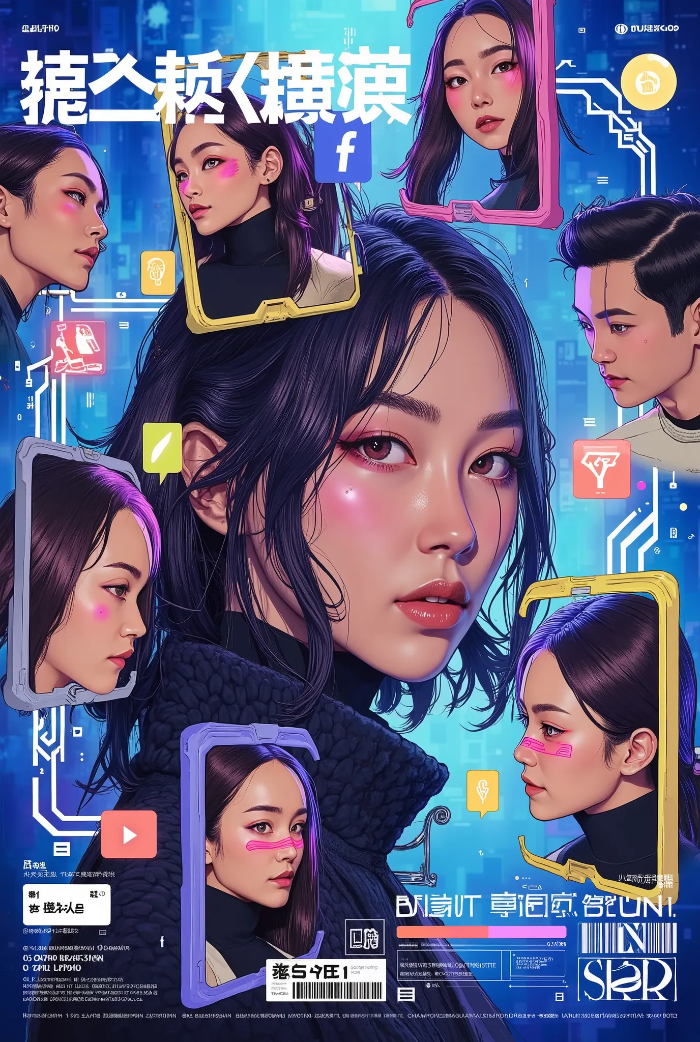 An East Asian woman surrounded by multiple doppelgängers of herself, each representing a different digital persona: one in glamorous fashion with social media filters (Instagram), one in office wear stressed out (Gmail/Slack), one dancing in neon lights (T...