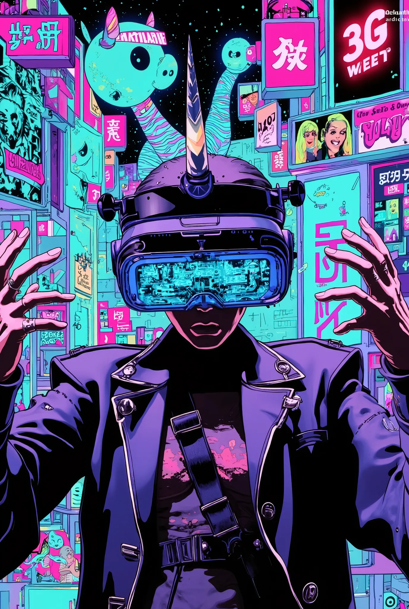 A person wearing AR glasses, surrounded by distorted, chaotic digital overlays blending into the real world. Glitchy unicorn horns, stretched-out cartoon filters, dancing 3D emojis and advertisements projecting from every surface. Their hands are reaching ...