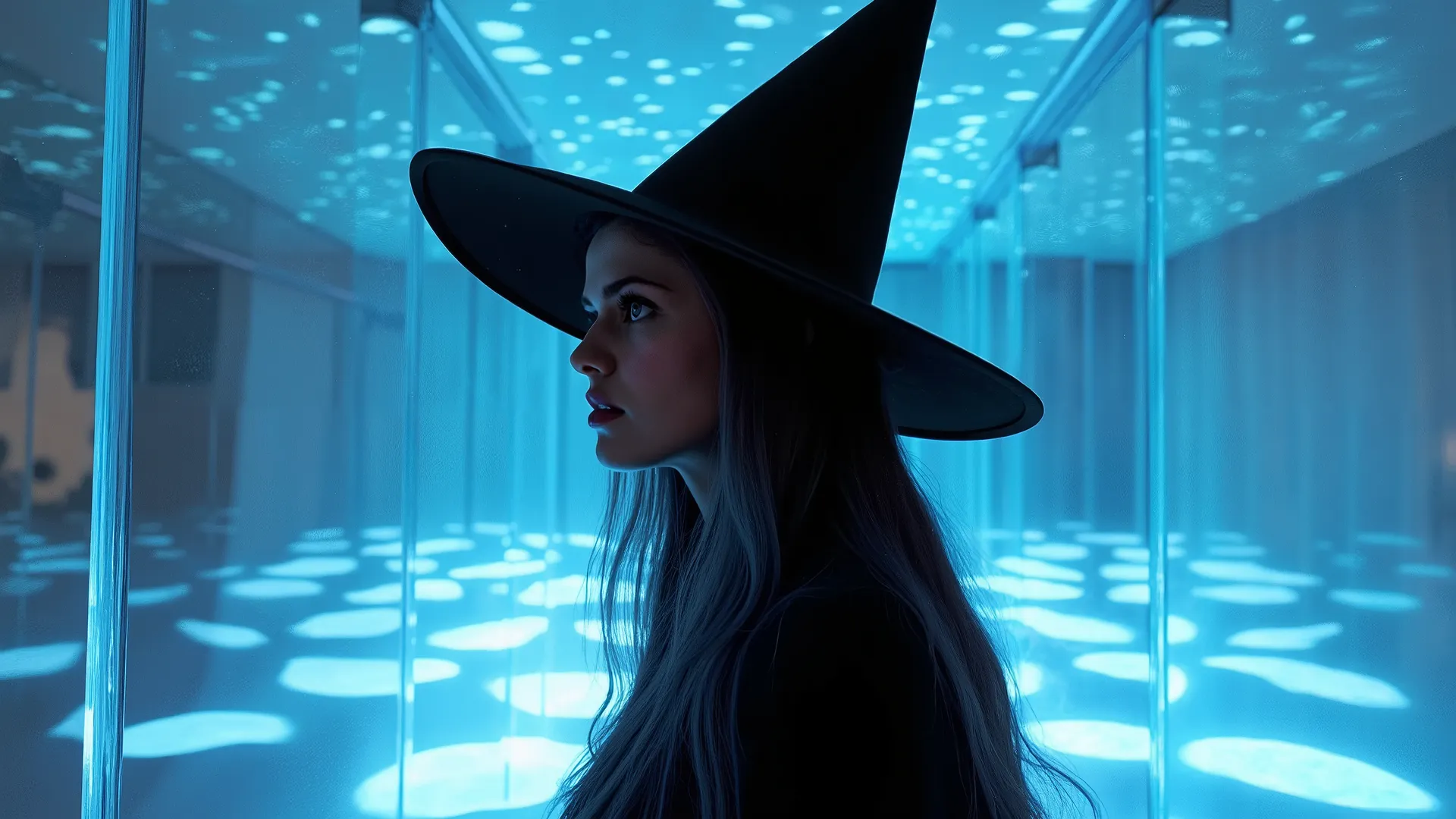 witch close-up optical illusion: A polished cube hallway within a mirrored cube minimalist: abstract digital waves blended with luxury fashion, Spirit of Jhaemaryn, show me the new, help me to go on, let the minds flow, open my spirit and fantasy, let ther...