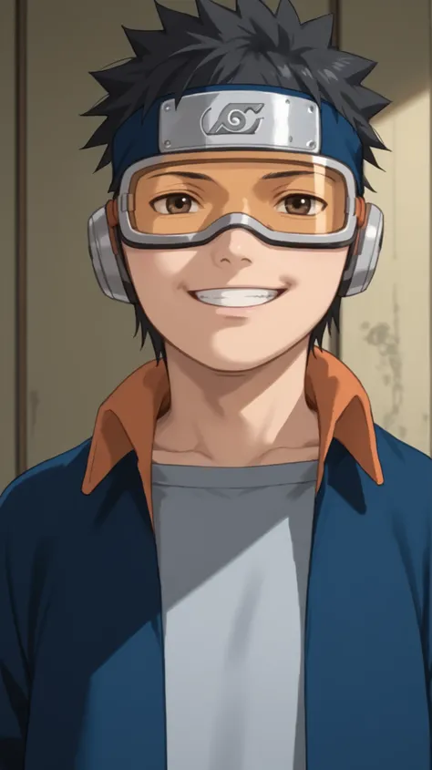 score_8, score_9, masterpiece, best quality, solo, break, obito_genin, 1boy, black hair, short hair, goggles, forehead protector, konohagakure symbol, jacket, open jacket, upper body focus, smile
