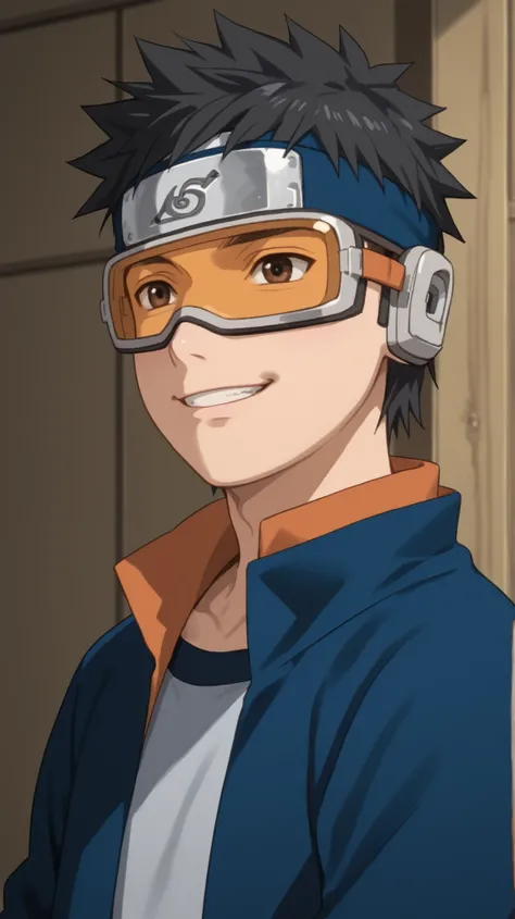 score_8, score_9, masterpiece, best quality, solo, break, obito_genin, 1boy, black hair, short hair, goggles, forehead protector, konohagakure symbol, jacket, open jacket, upper body focus, smile
