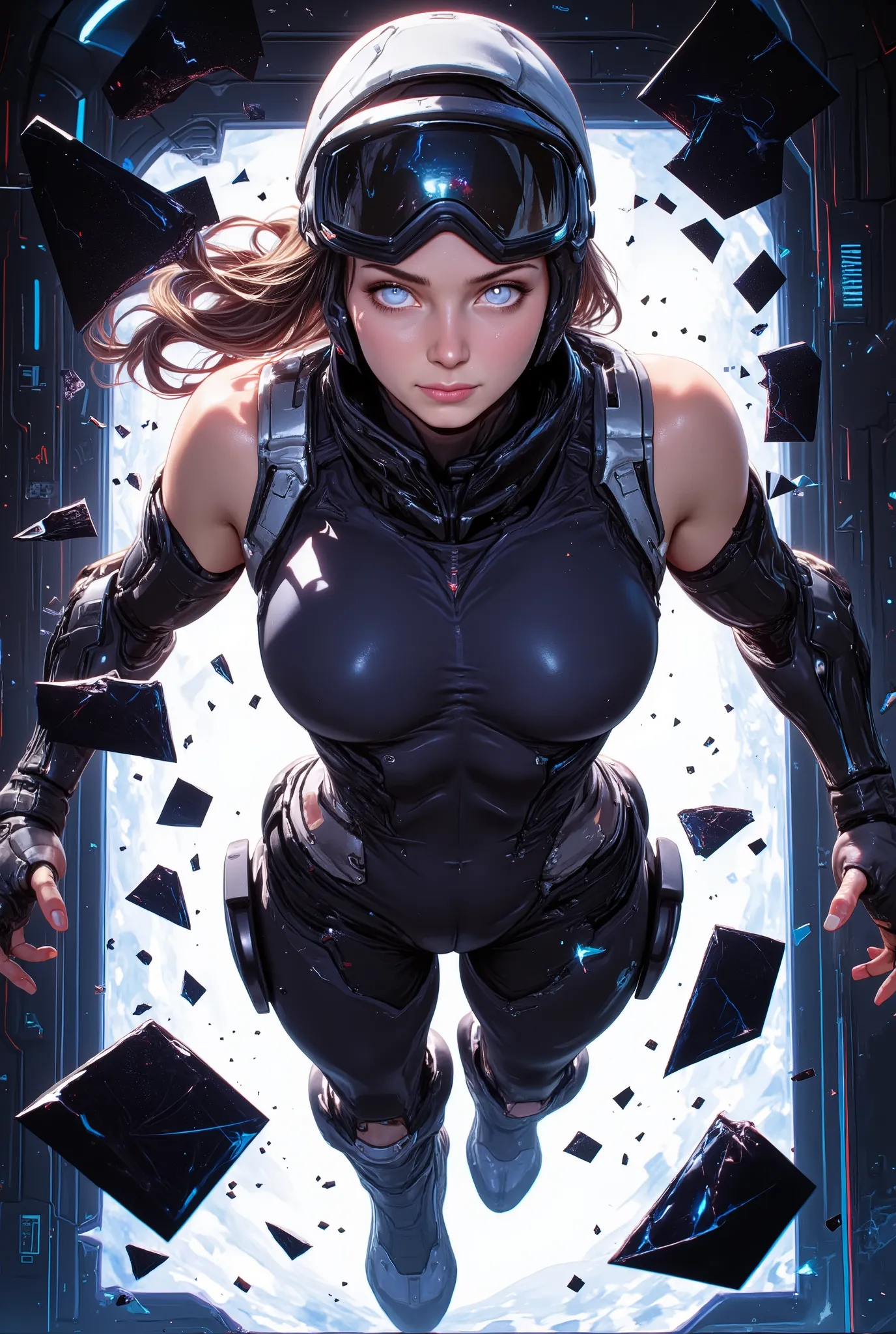 Screen breakthrough, Sci Fi Style, A Female Snowboarder crashing out from Television Screen.