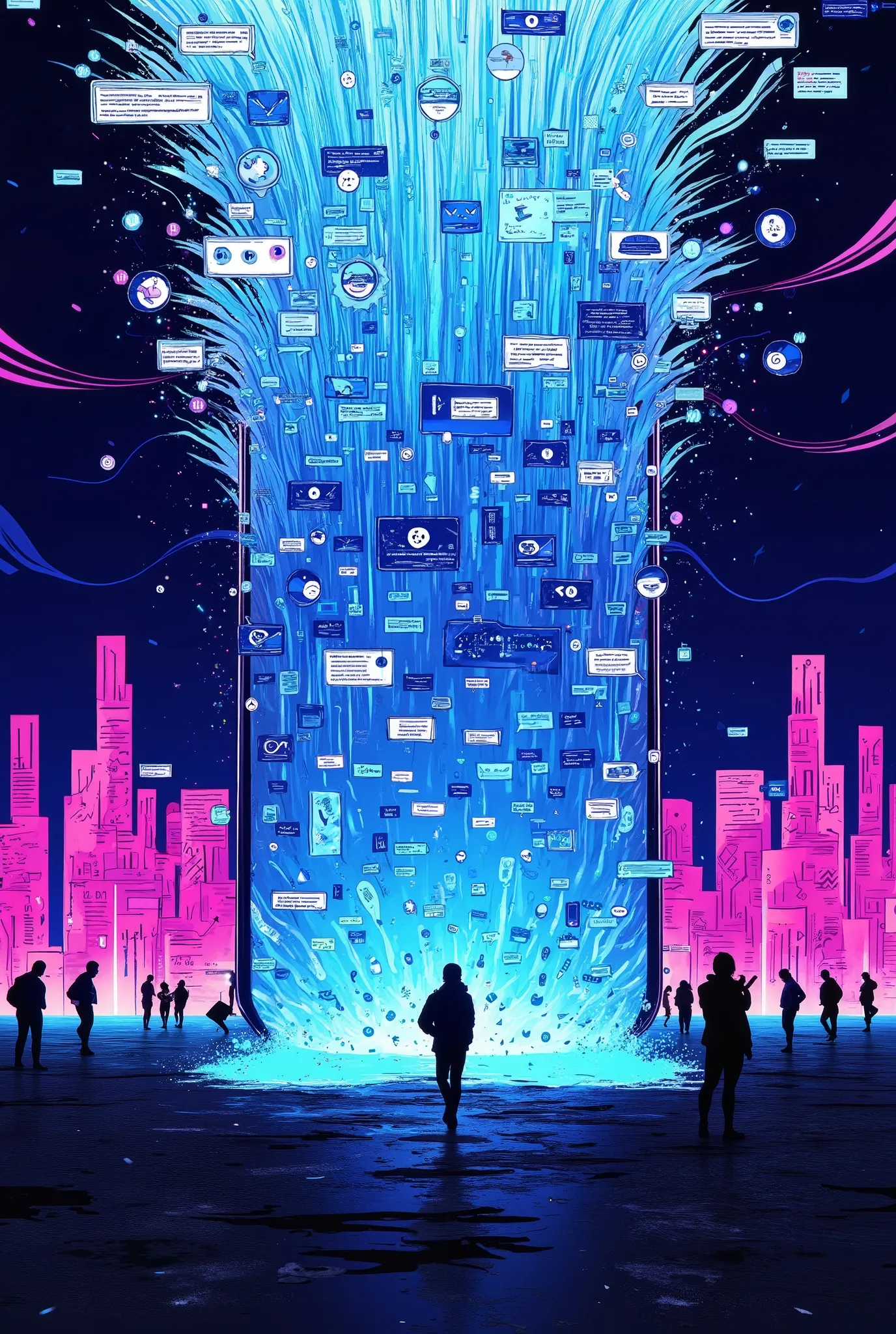 A massive digital tsunami crashing out of a smartphone, the wave made of glowing notifications, message bubbles, emails, social media icons, and binary code. In the foreground, a tiny human figure overwhelmed by the towering data wave. Futuristic color pal...