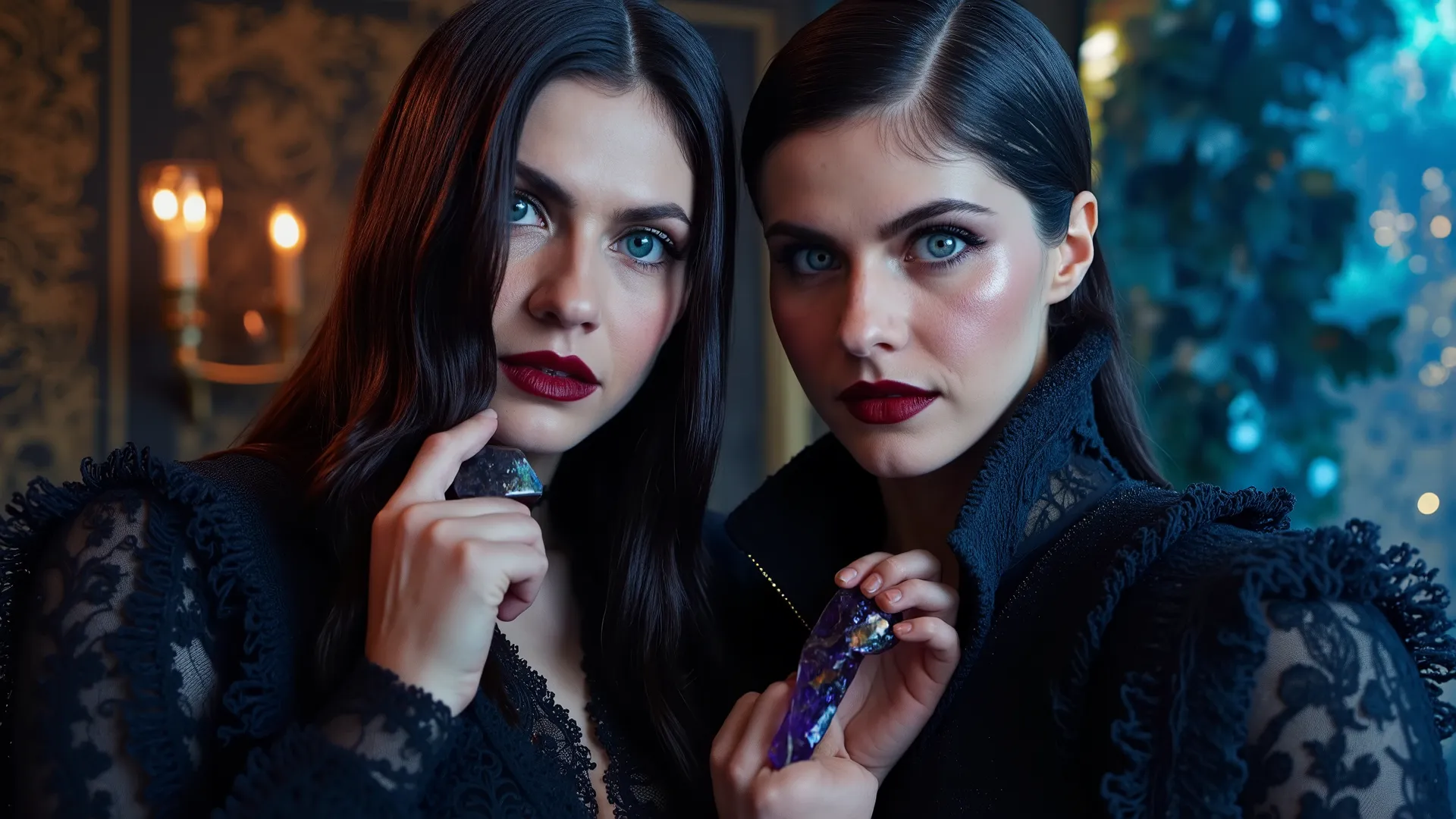 ultimative luxury fashion vampire demon witch aesthetic, an enchanting fusion of dark elegance and opulent style, where ethereal silhouettes meet luxurious fabrics. Imagine a lavish scene with a gothic crystal glass cabin, adorned with intricate details th...
