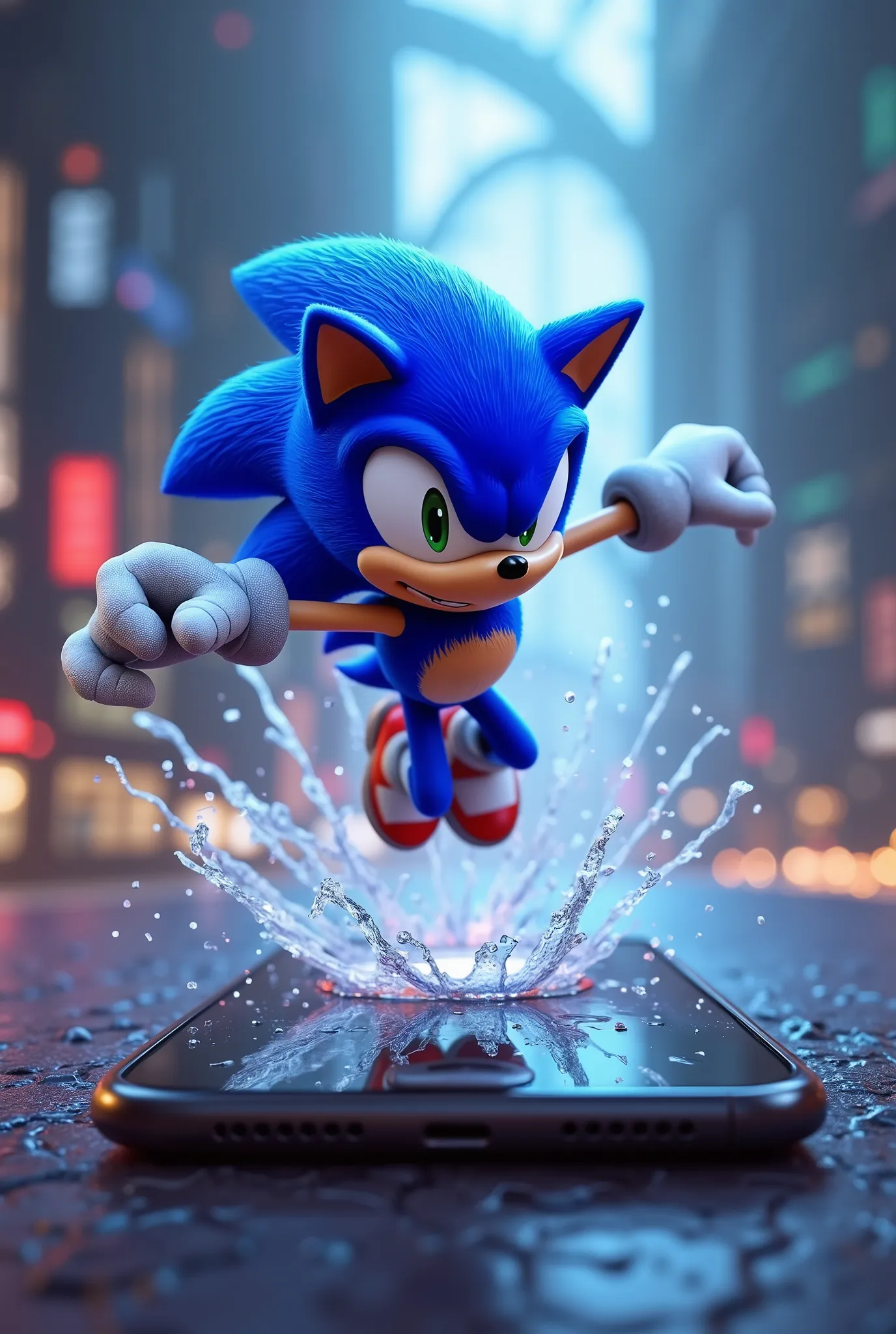 Sonic the Hedgehog jumps out of his smartphone screen、