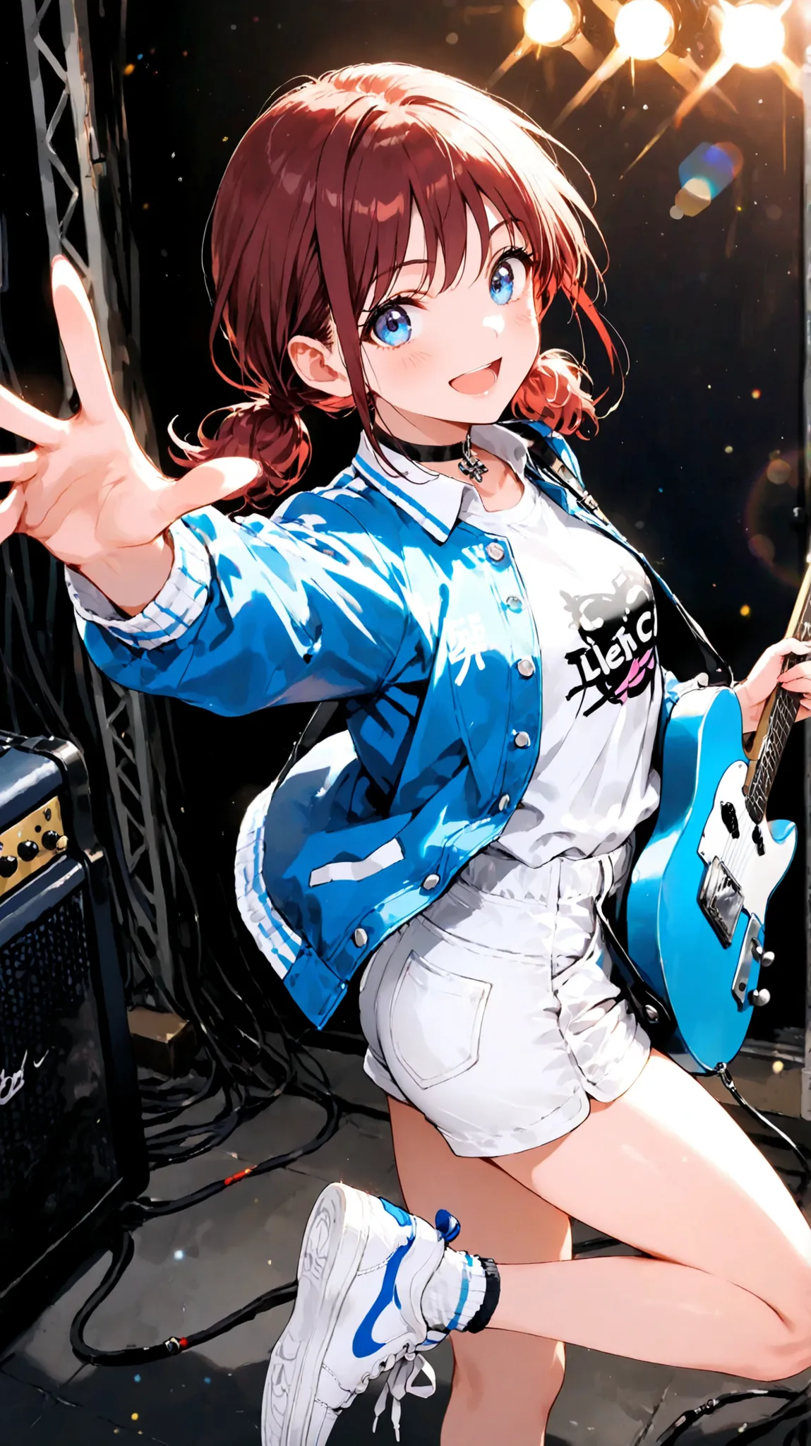 masterpiece,best quality,1girl,solo,iseri nina,girls band cry,safe,red hair,brown hair,twintails,low twintails,short twintails,medium hair,blue eyes,bare legs,choker,black choker,long sleeves,jacket,blue jacket,buttons,shirt,collared shirt,open clothes,ope...