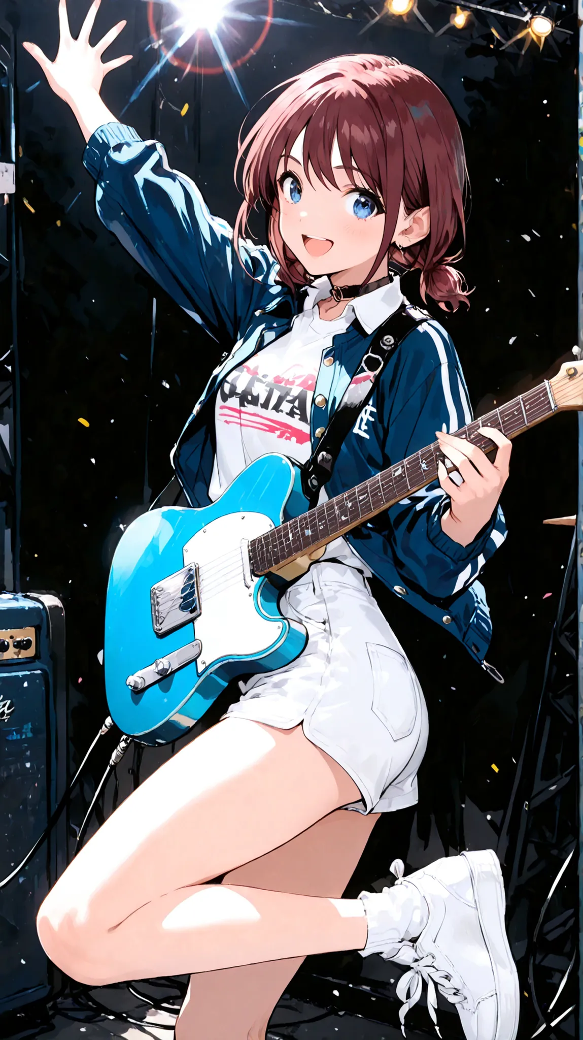 masterpiece,best quality,1girl,solo,iseri nina,girls band cry,safe,red hair,brown hair,twintails,low twintails,short twintails,medium hair,blue eyes,bare legs,choker,black choker,long sleeves,jacket,blue jacket,buttons,shirt,collared shirt,open clothes,ope...