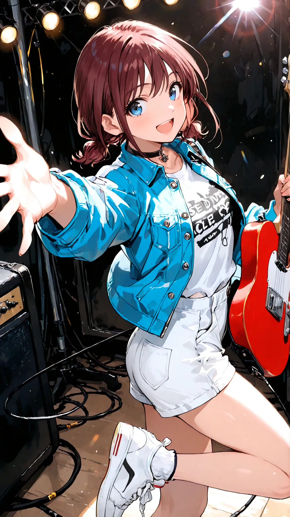 masterpiece,best quality,1girl,solo,iseri nina,girls band cry,safe,red hair,brown hair,twintails,low twintails,short twintails,medium hair,blue eyes,bare legs,choker,black choker,long sleeves,jacket,blue jacket,buttons,shirt,collared shirt,open clothes,ope...