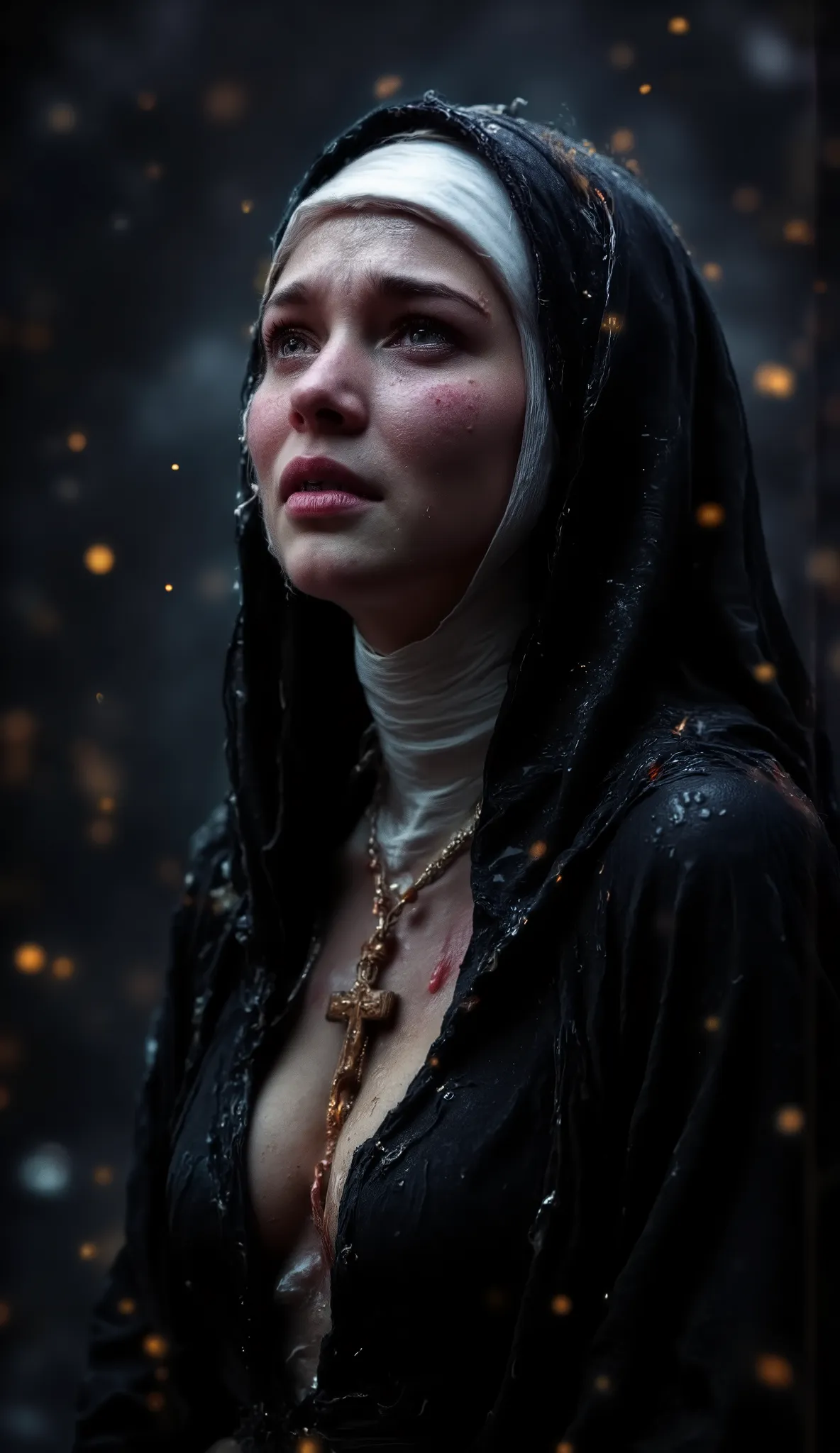 Really epic realistic portrait, low coloured photography, 20 years old scantily clad sexy happily sad and crying innocent nun looking into the heaven from the right side. Nun with Jesus on the wooden cross necklace on the chest, tears and flowing tears on ...