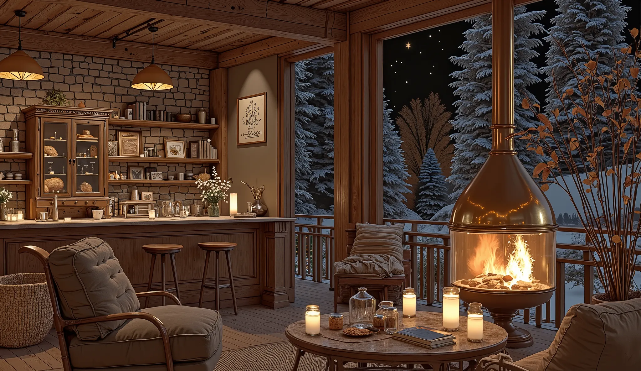 Cozy cabin with fireplace, không có cây Giáng sinhThe scene depicts a Cozy cabin with fireplace, without a rustic cafe Christmas tree, overlooking a beautiful lake .
The interior has a wooden counter , on which a shiny metal coffee pot shines , symbo...