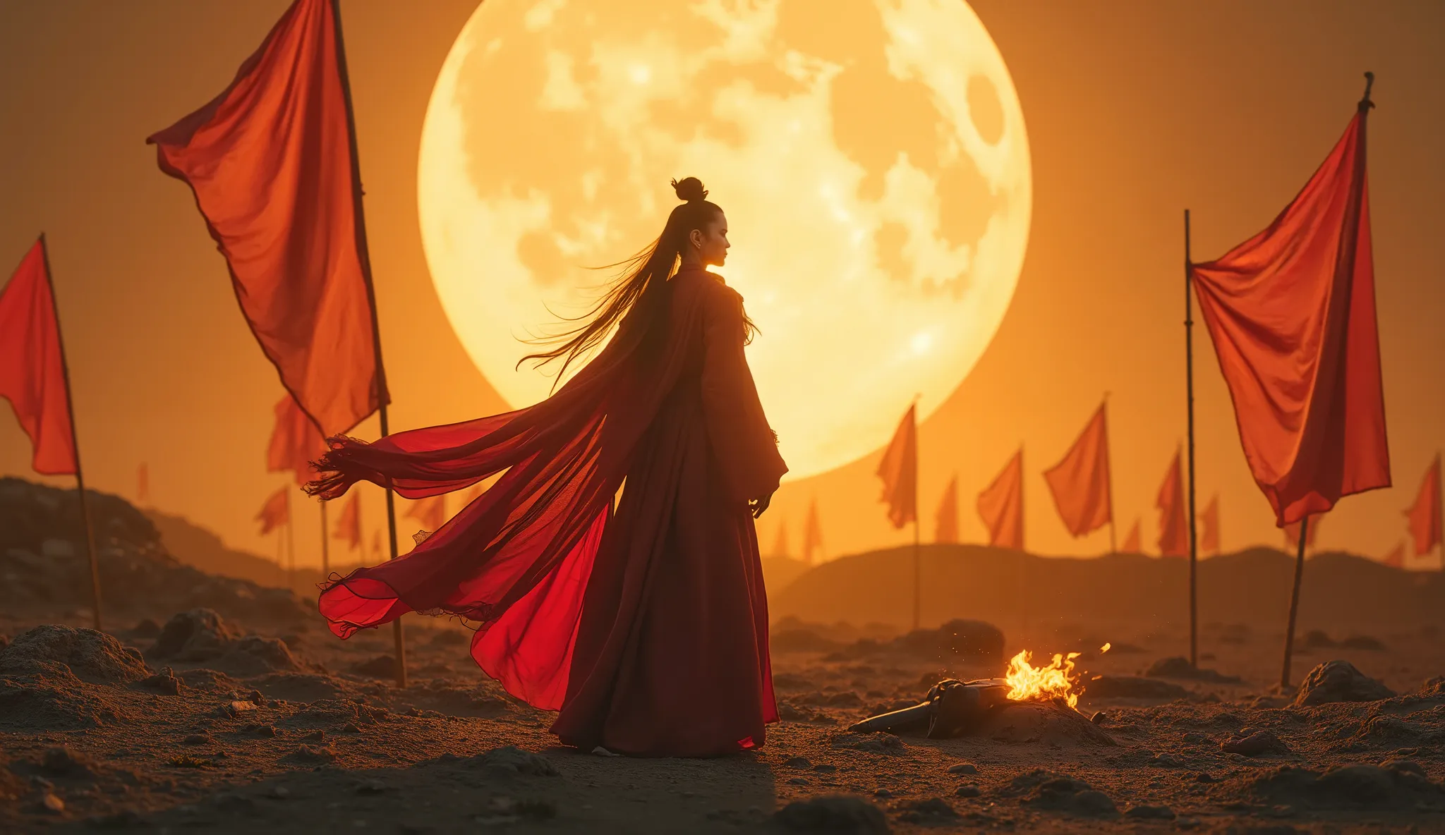 standing in the center of a vast ancient battlefield,Moonlight like silver,with ruins and broken war flags behind her。The background was a huge full moon,like a silent witness in the midst of a blaze。
with a hint of sorrow(or Asian beauty),as if he had ju...